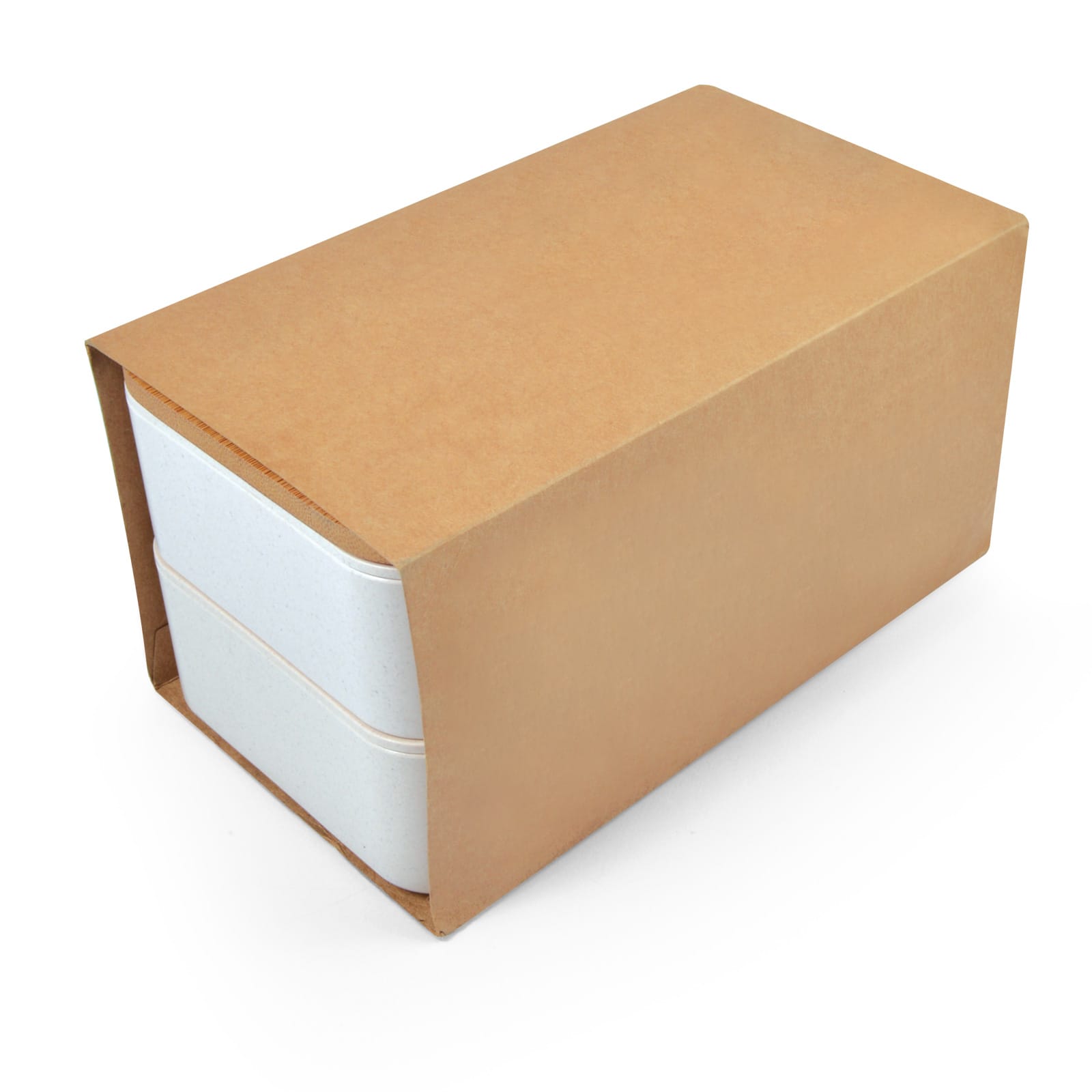 A stackable lunch box in white with a brown kraft paper cover, featuring a lid that doubles as a phone holder.