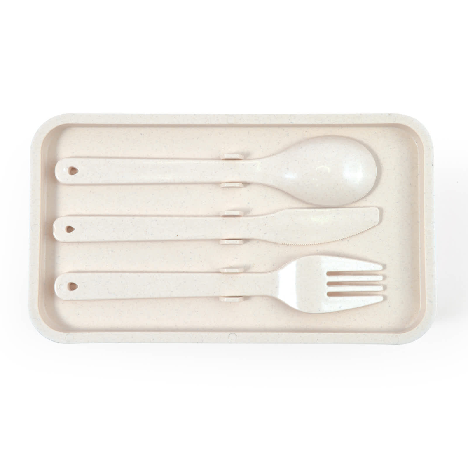 A set of eco-friendly utensils featuring a spoon, knife, and fork, all arranged on a tray.