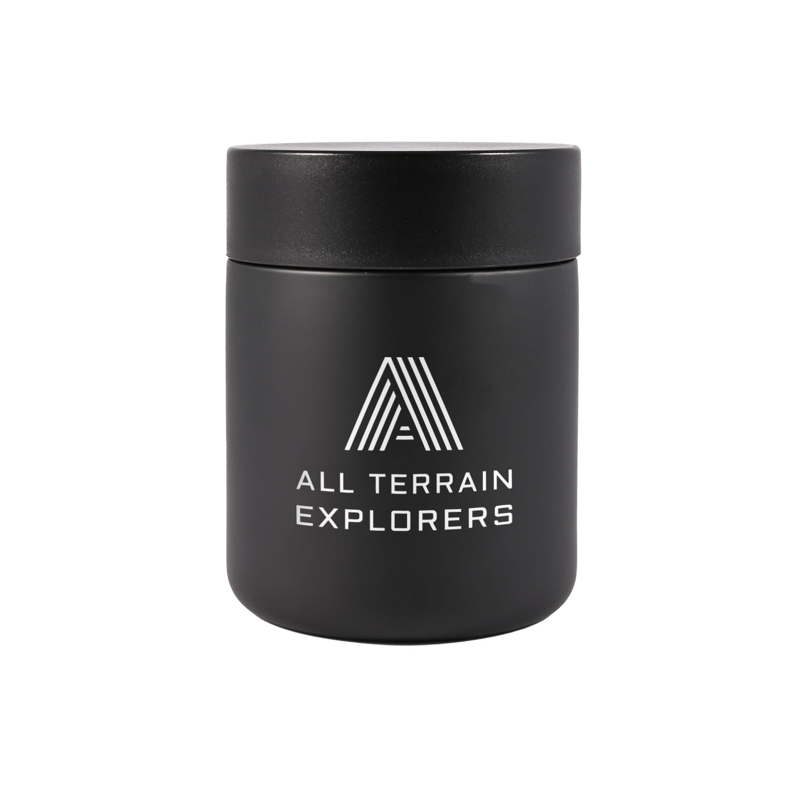 A food container featuring a sleek black design with a lid, adorned with the logo 