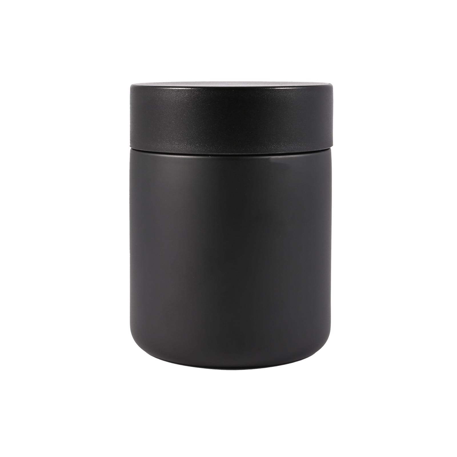 A sleek black food container with a smooth, matte finish and a matching lid.