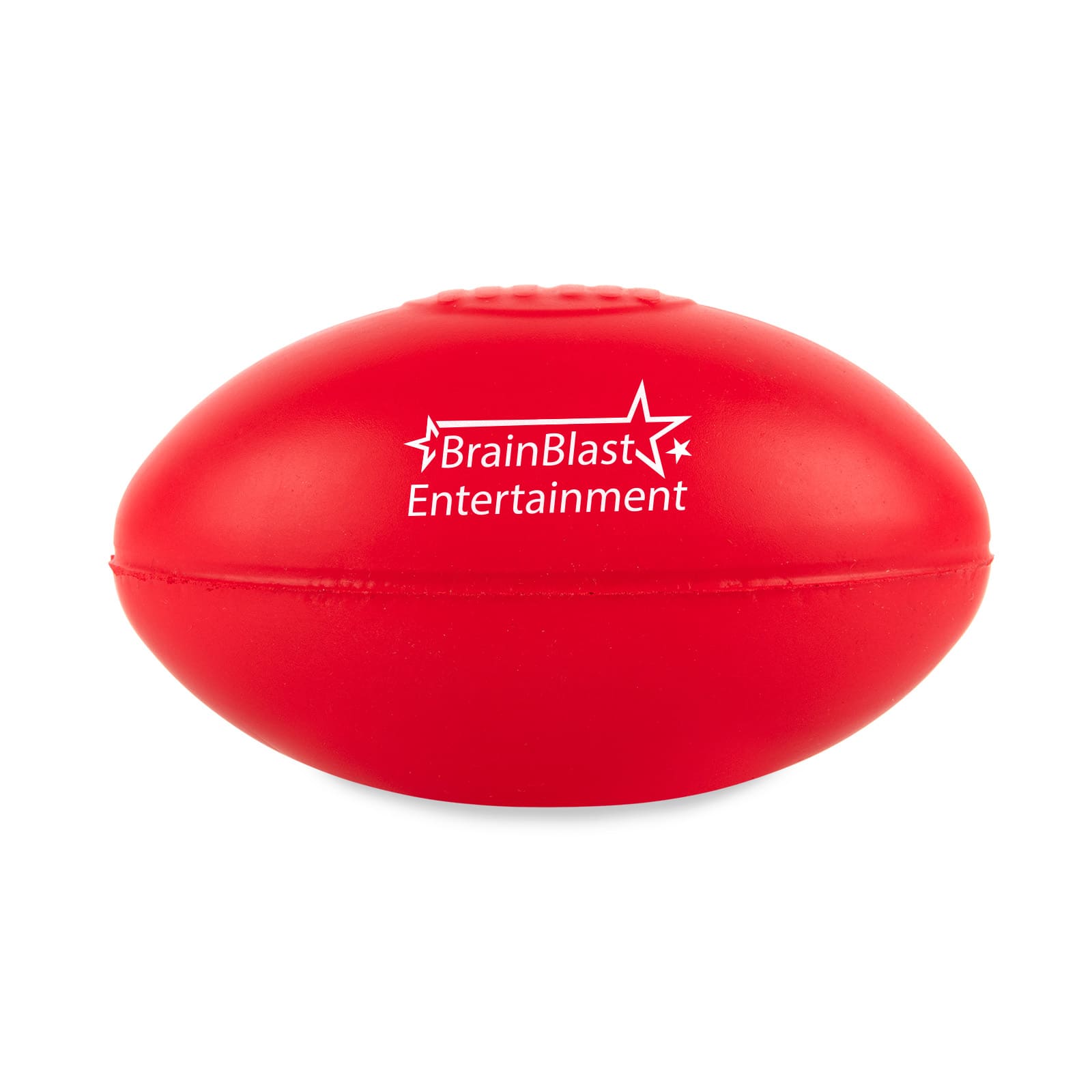 A red football-shaped stress reliever with the branding 