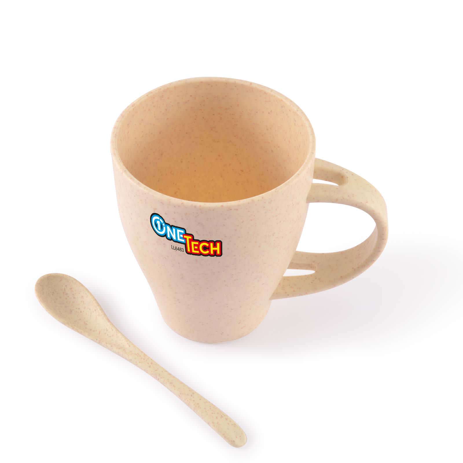 A reusable coffee cup in beige wheat fiber with a matching spoon, featuring a logo on the cup.