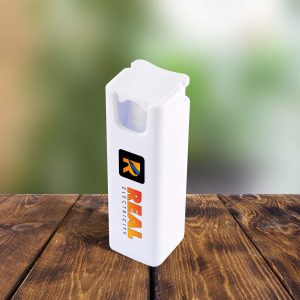 A sleek white spray bottle with a flip-top cap, featuring the logo of "REAL ELECTRICITY" printed on the front.
