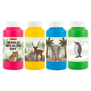 A set of four colorful drink bottles in pink, yellow, blue, and green, each featuring animal illustrations and a logo.