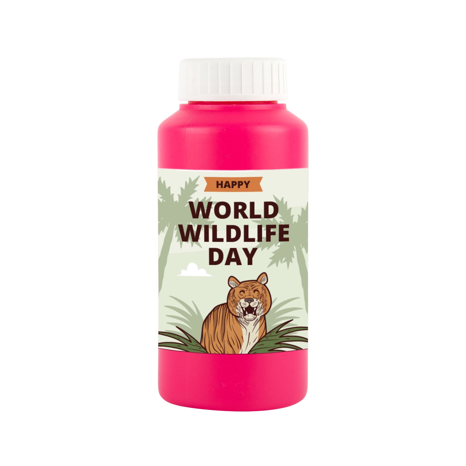 A drink bottle in bright pink featuring a cartoon tiger and a nature-themed design, with a logo on it.
