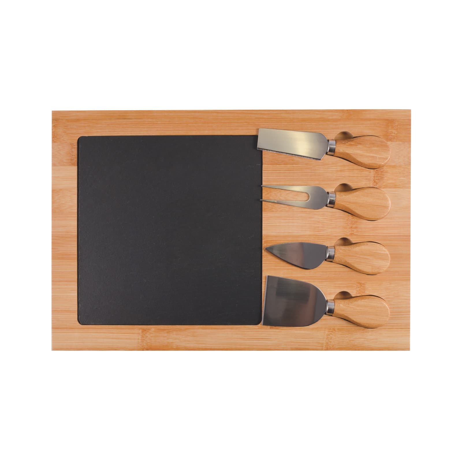 A bamboo slate cheese board featuring a smooth slate section and four metal cheese knives with wooden handles.