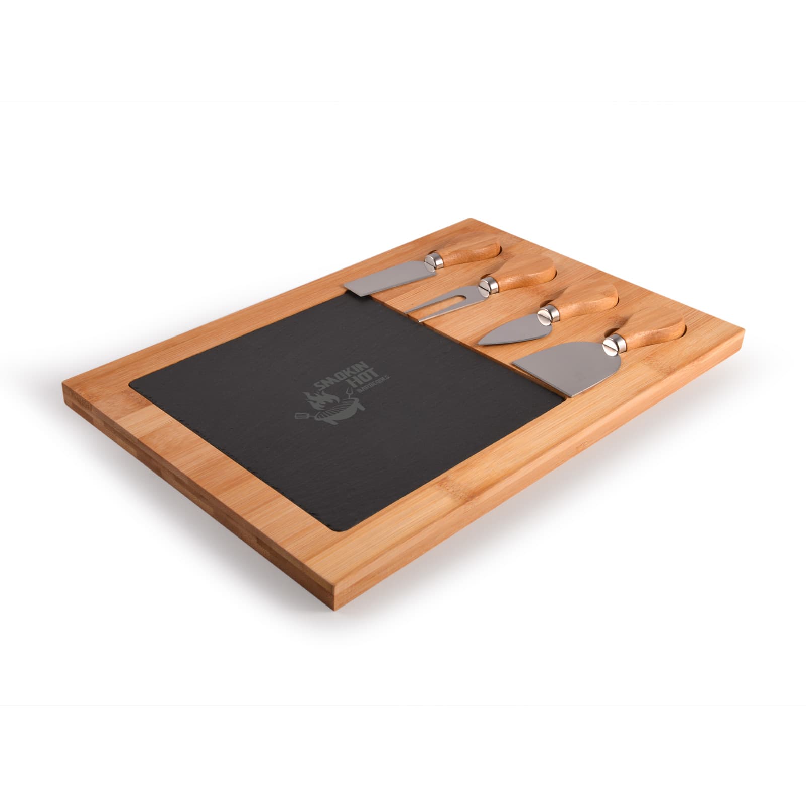 A bamboo cheese board featuring a slate section and three cheese knives with wooden handles.