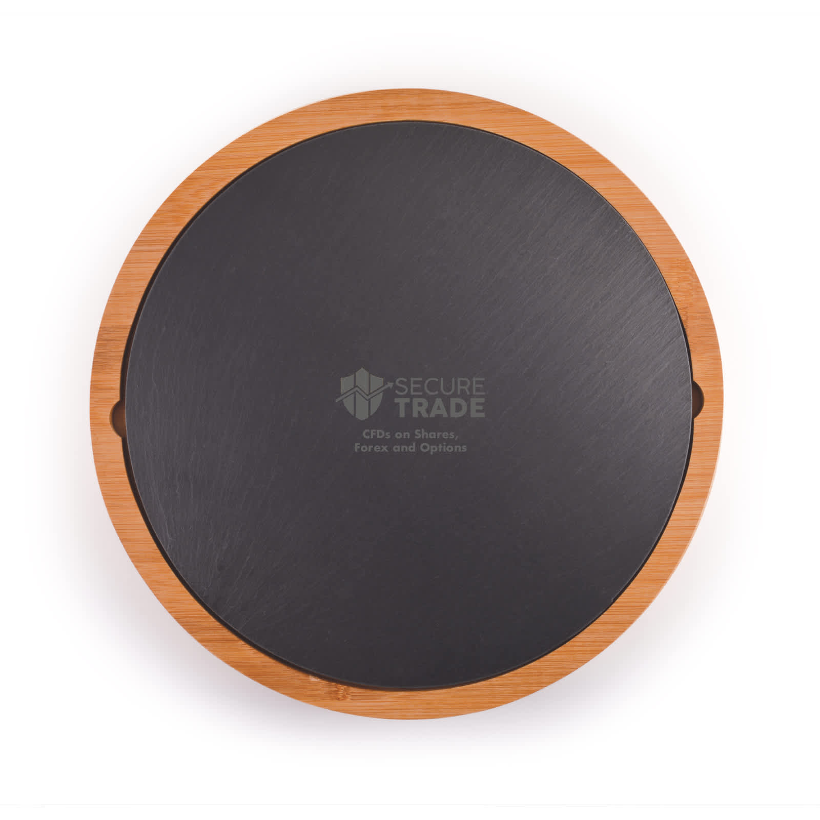 A round bamboo cheese board with a sleek black slate surface.