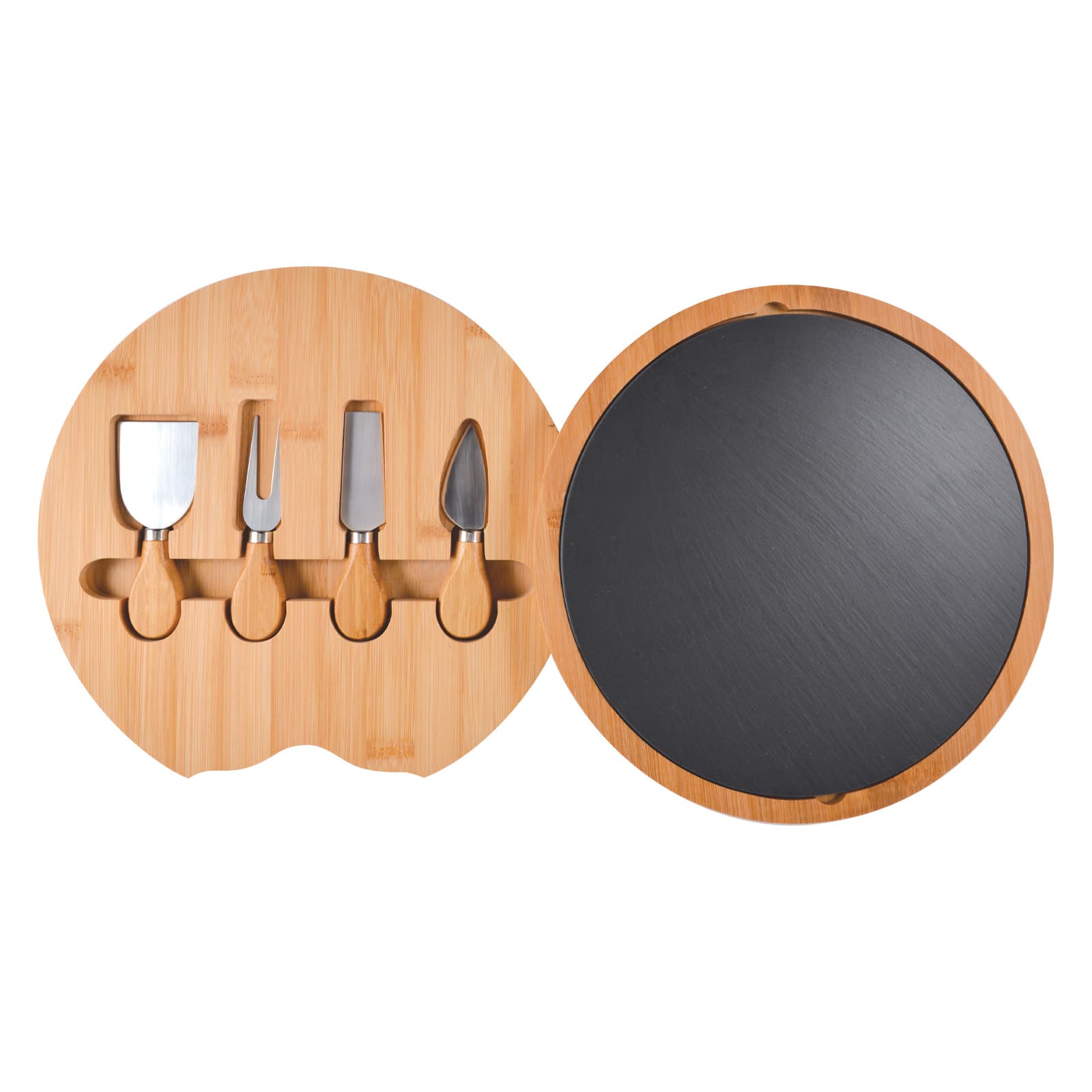 A bamboo slate cheese board featuring a round design and four stainless steel knives in a matching bamboo holder.
