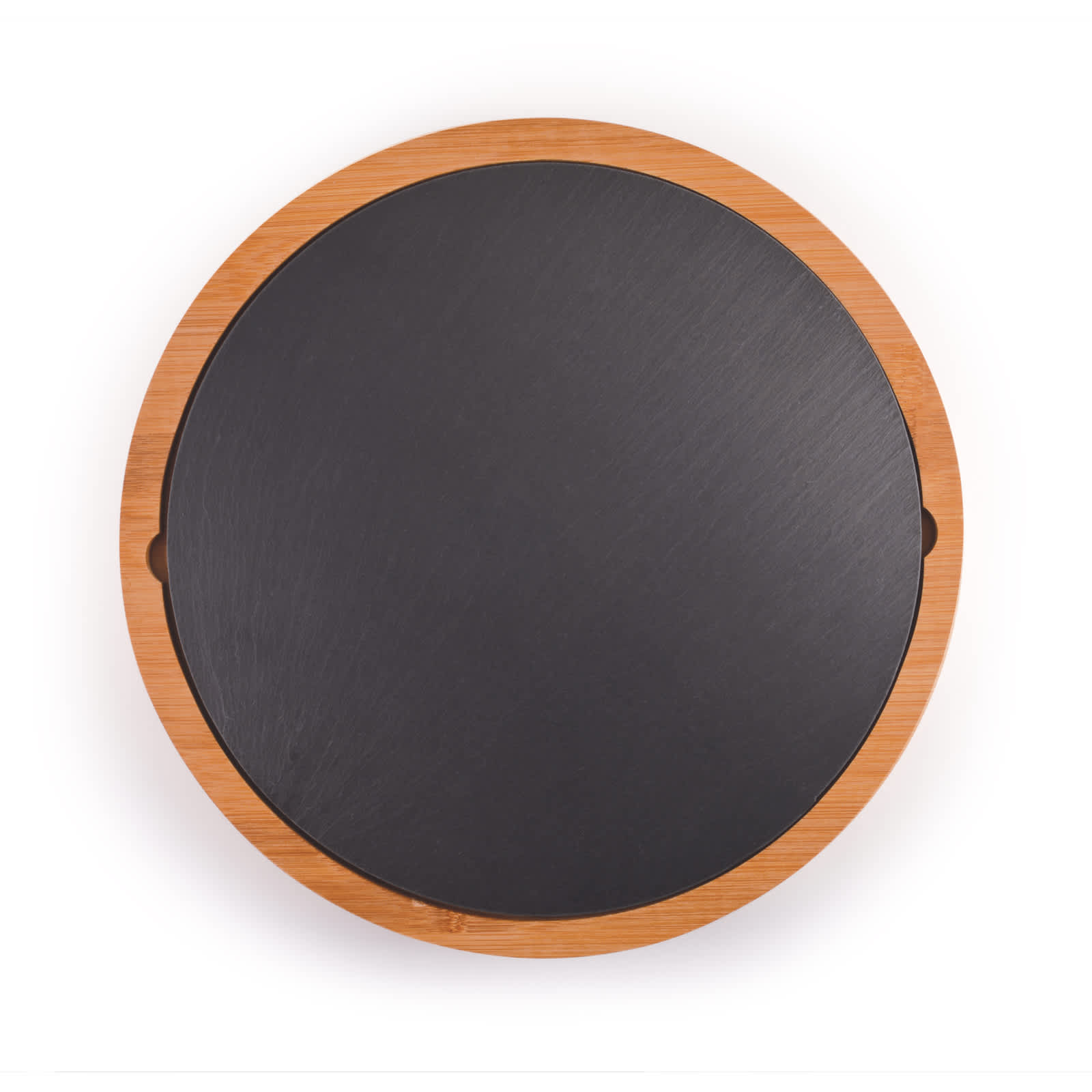 A round cheese board featuring a bamboo edge and a smooth slate surface.