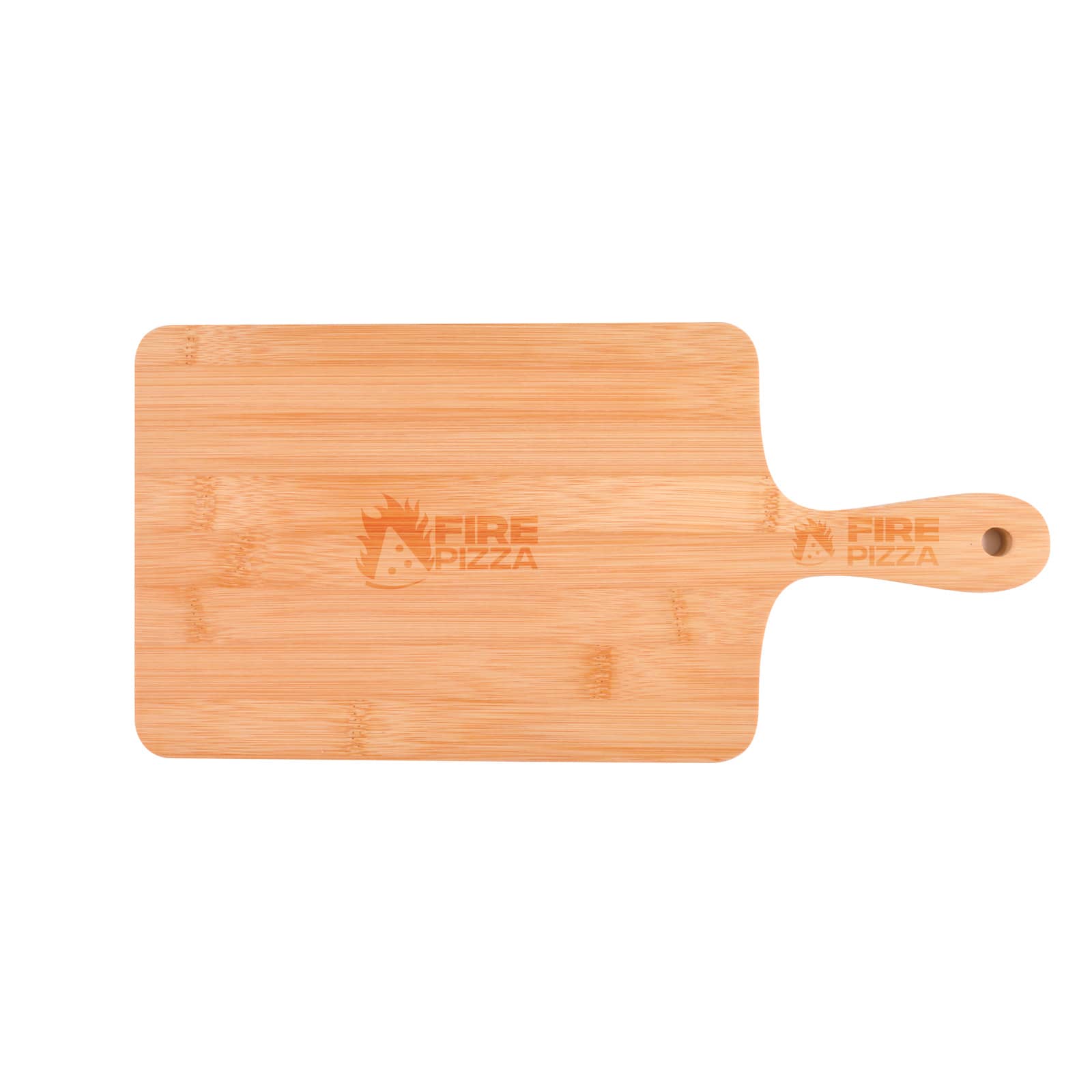 A bamboo serving board featuring a handle, with a logo printed on the surface.