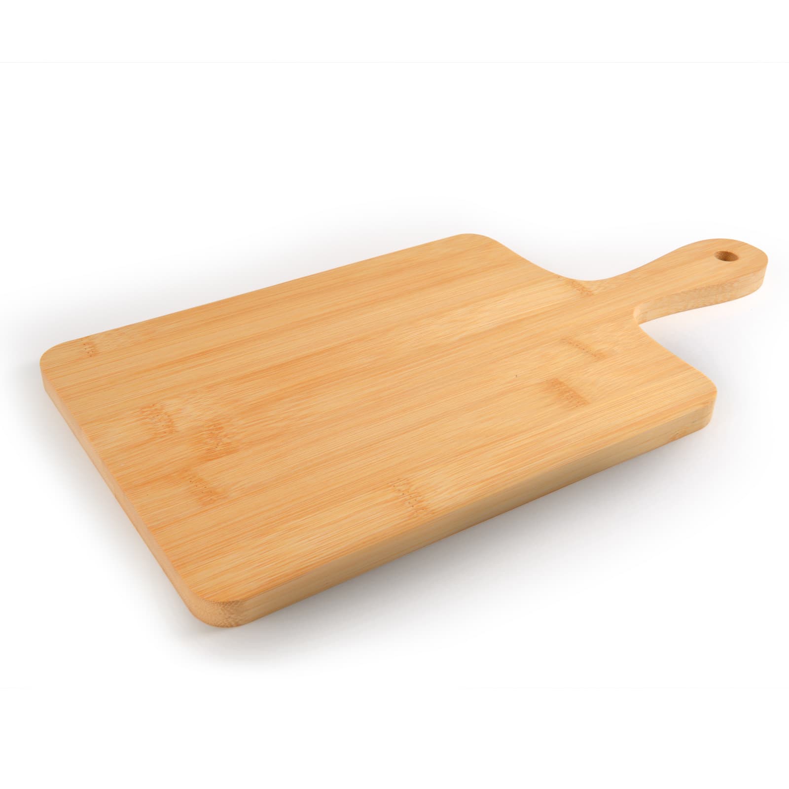 A bamboo serving board with a handle, featuring a smooth, natural wood finish.