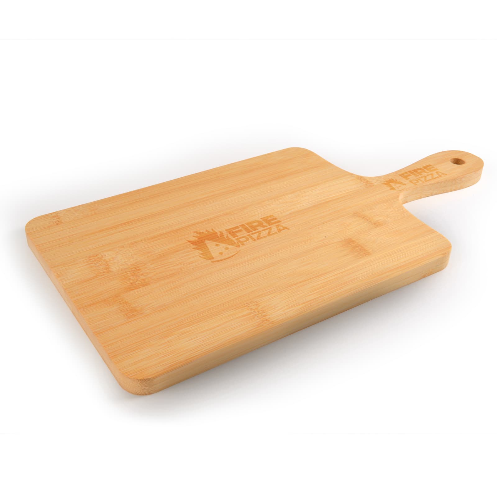 A bamboo serving board with a handle, featuring the engraved text 