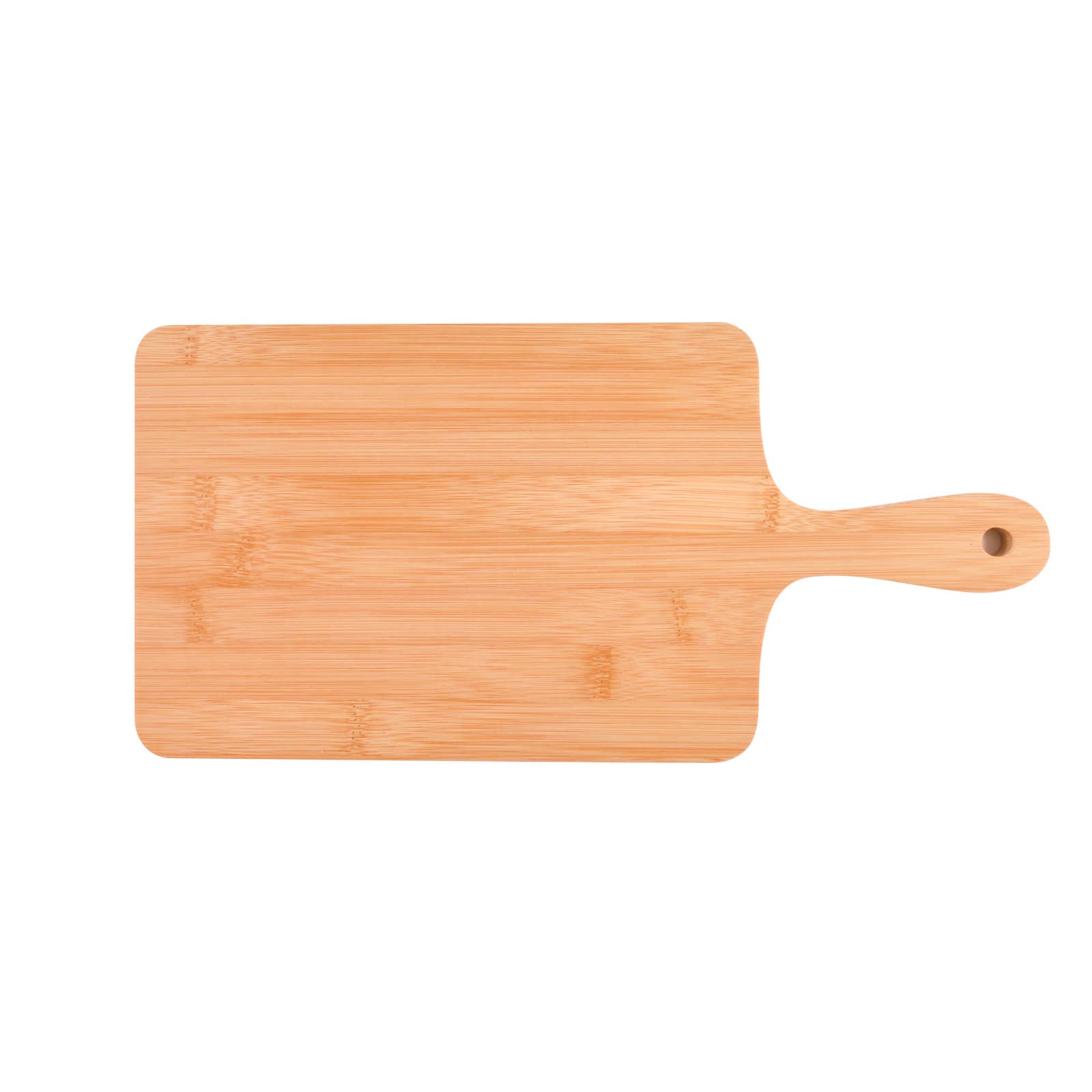 A bamboo serving board featuring a rectangular shape with a handle and a hole for easy hanging.