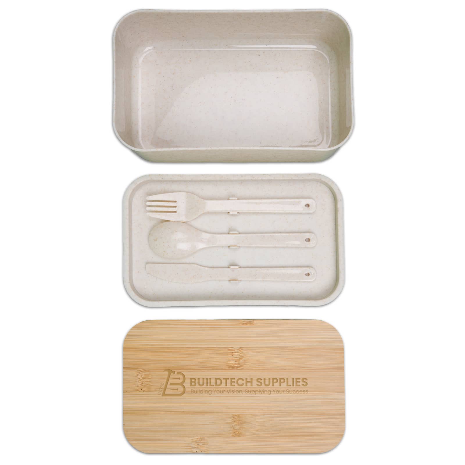 A bamboo lunch box with a clear lid and a removable compartment containing a spoon, fork, and knife.