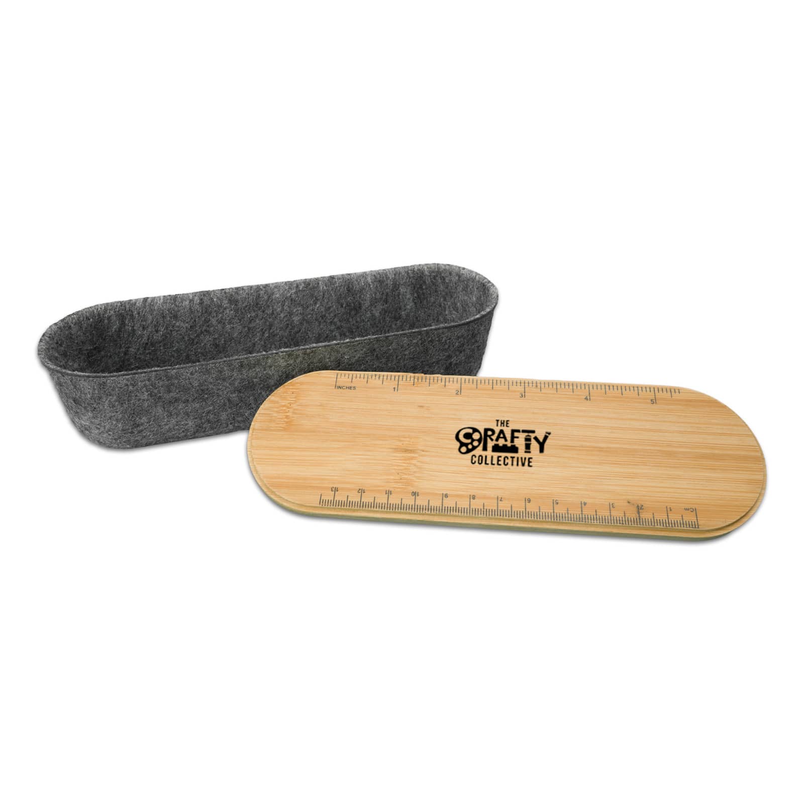 A gray felt utility case with a bamboo lid featuring a ruler and a logo. The case is elongated and streamlined.