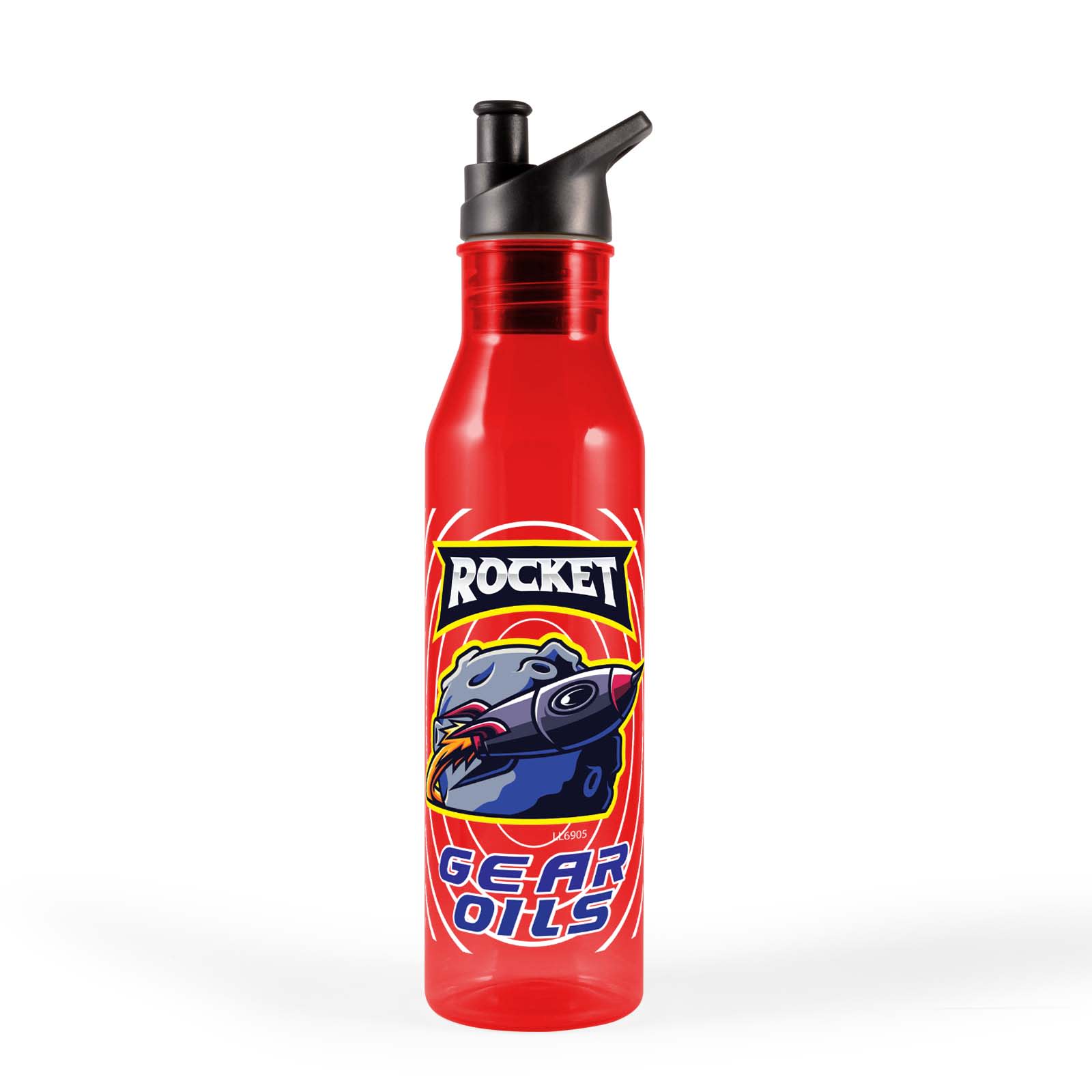 A drink bottle in bright red with a logo featuring a cartoon character and graphic design elements.
