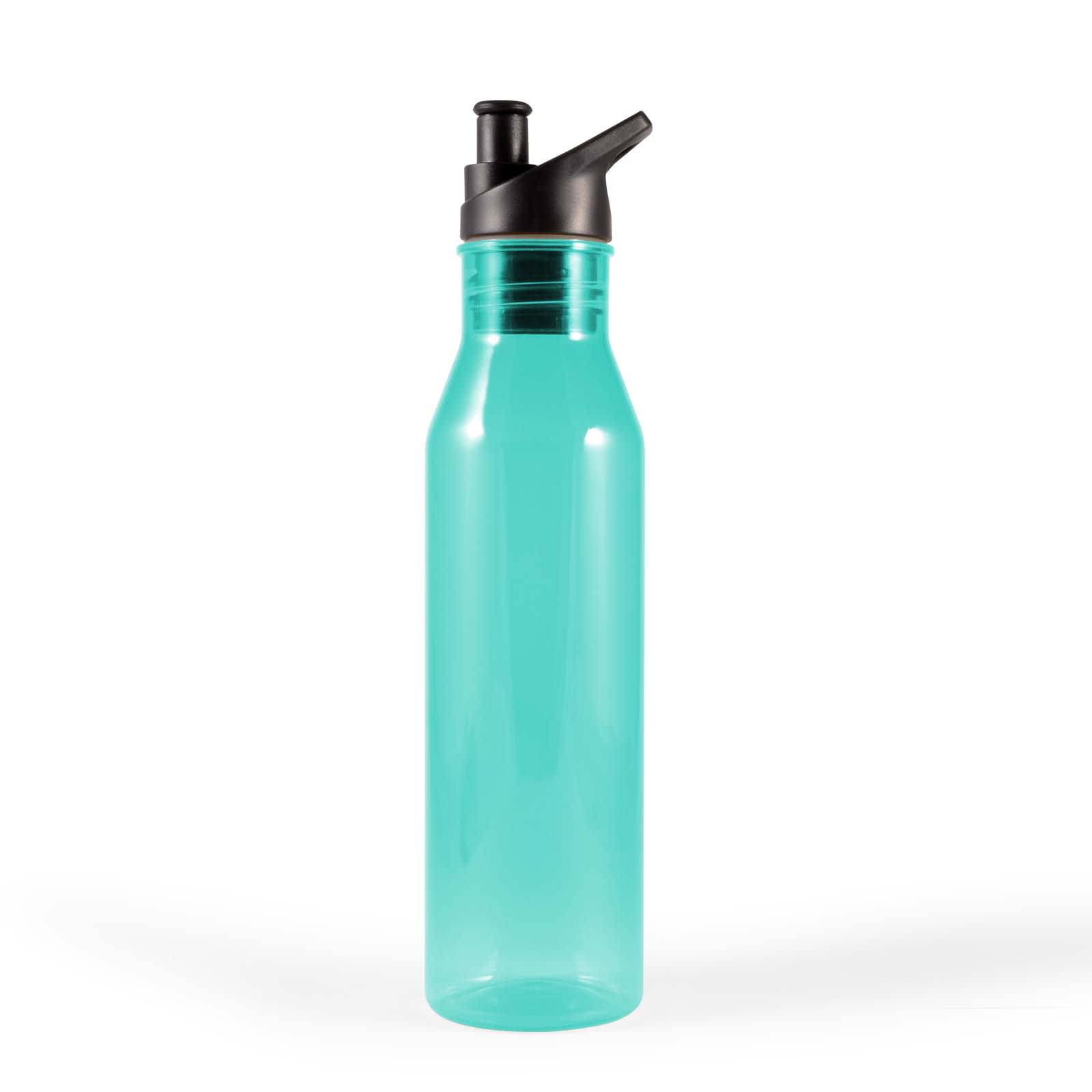 A drink bottle in a vibrant teal color with a black lid and a spout, featuring a logo on the surface.