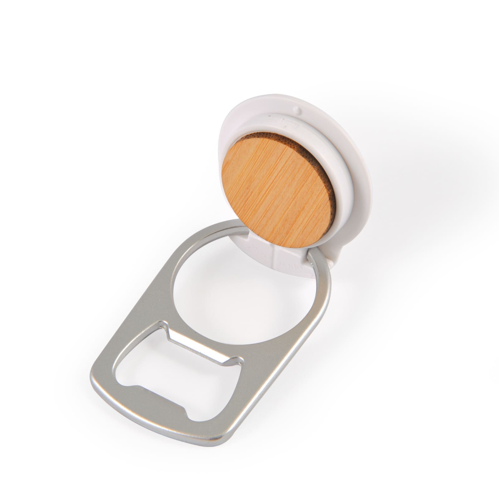 A drink bottle opener phone stand featuring a silver metal opener and a round wooden base. It has a simple, modern design.
