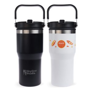 A drink bottle with a black matte finish and a white design, featuring a handle and stainless steel accents.