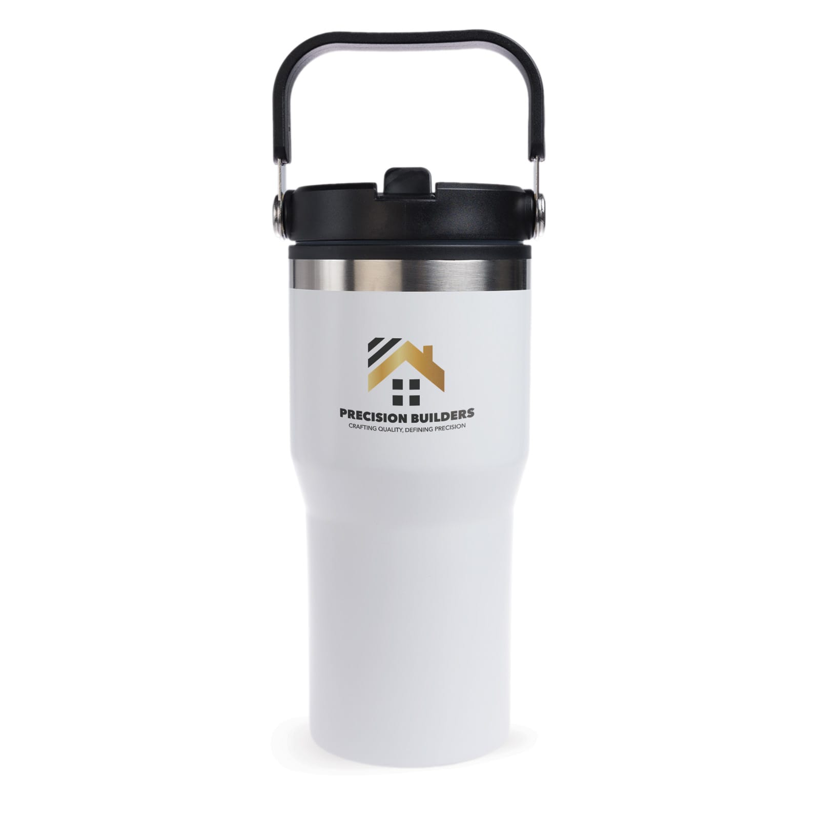 A drink bottle featuring a white body and black lid, equipped with a handle, showing a logo on the front.