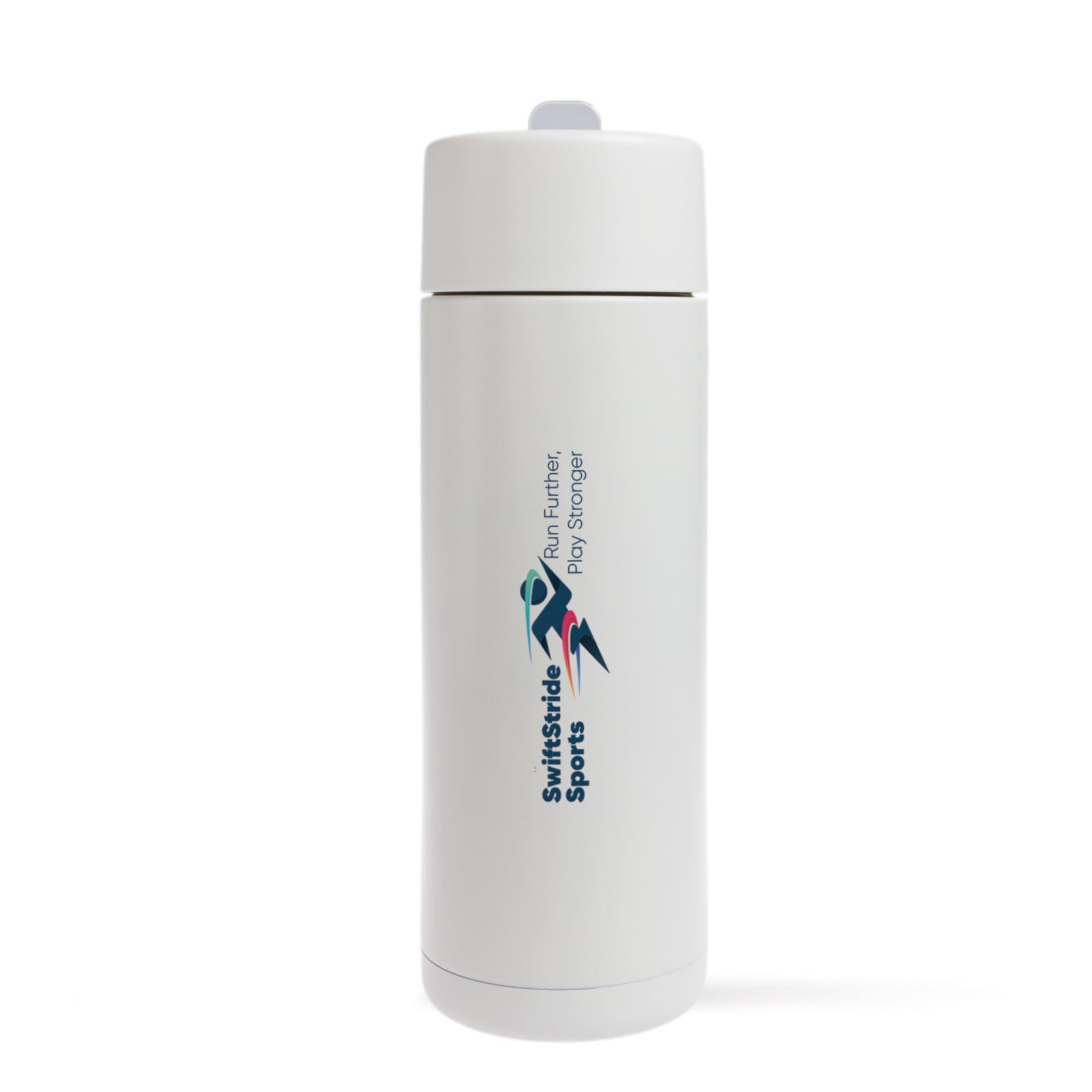 A drink bottle in white with a lid and a logo on the side. It has a sleek, minimalist design.