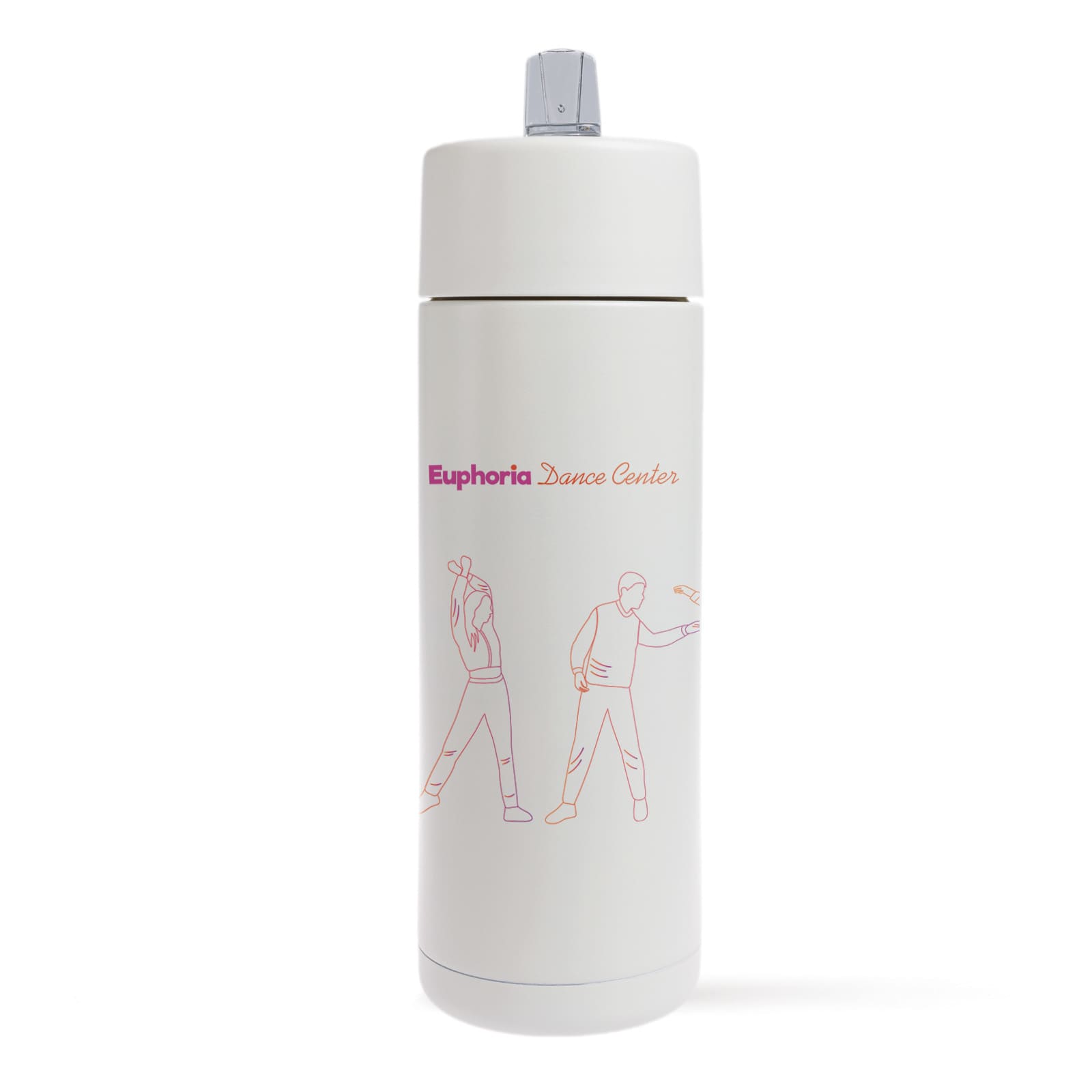 A drink bottle in white featuring a logo and a design of two figures in dance poses.