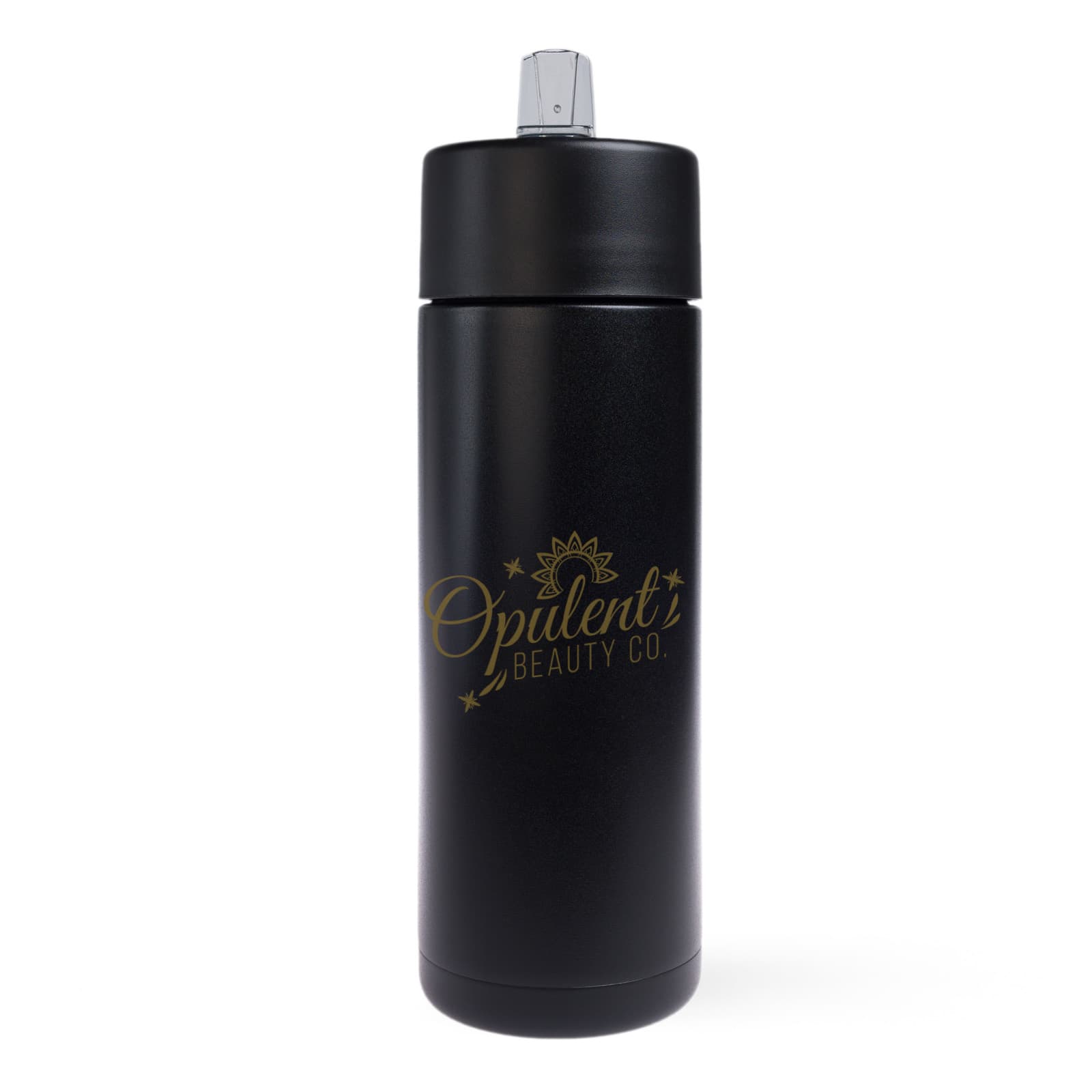 A drink bottle in matte black with a silver lid and a logo on the front.