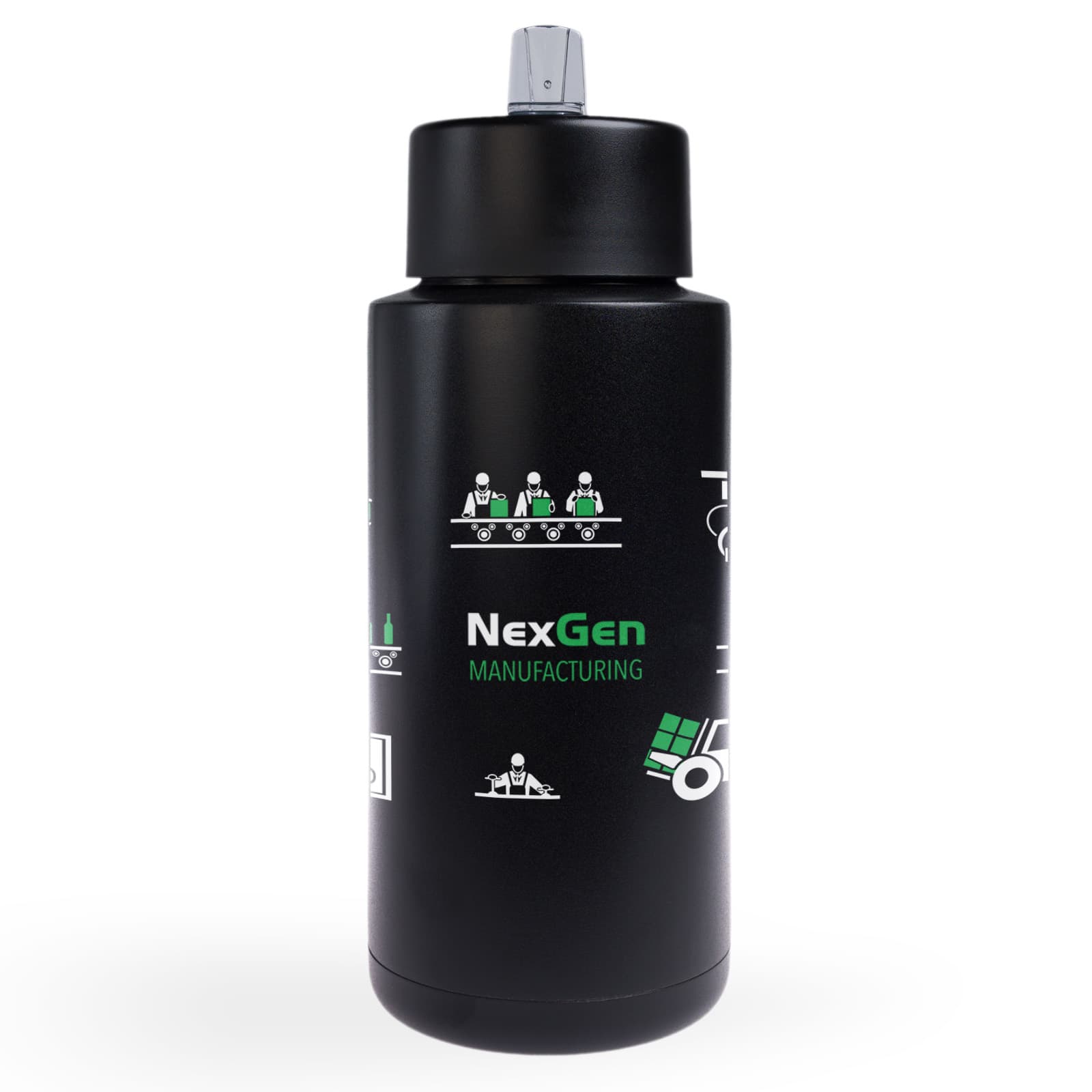 A drink bottle featuring a sleek black design with white graphics and a silver cap, labeled with 