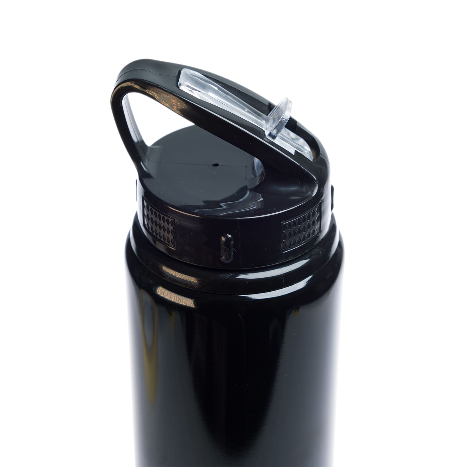 A drink bottle with a flip straw lid in a sleek black design.