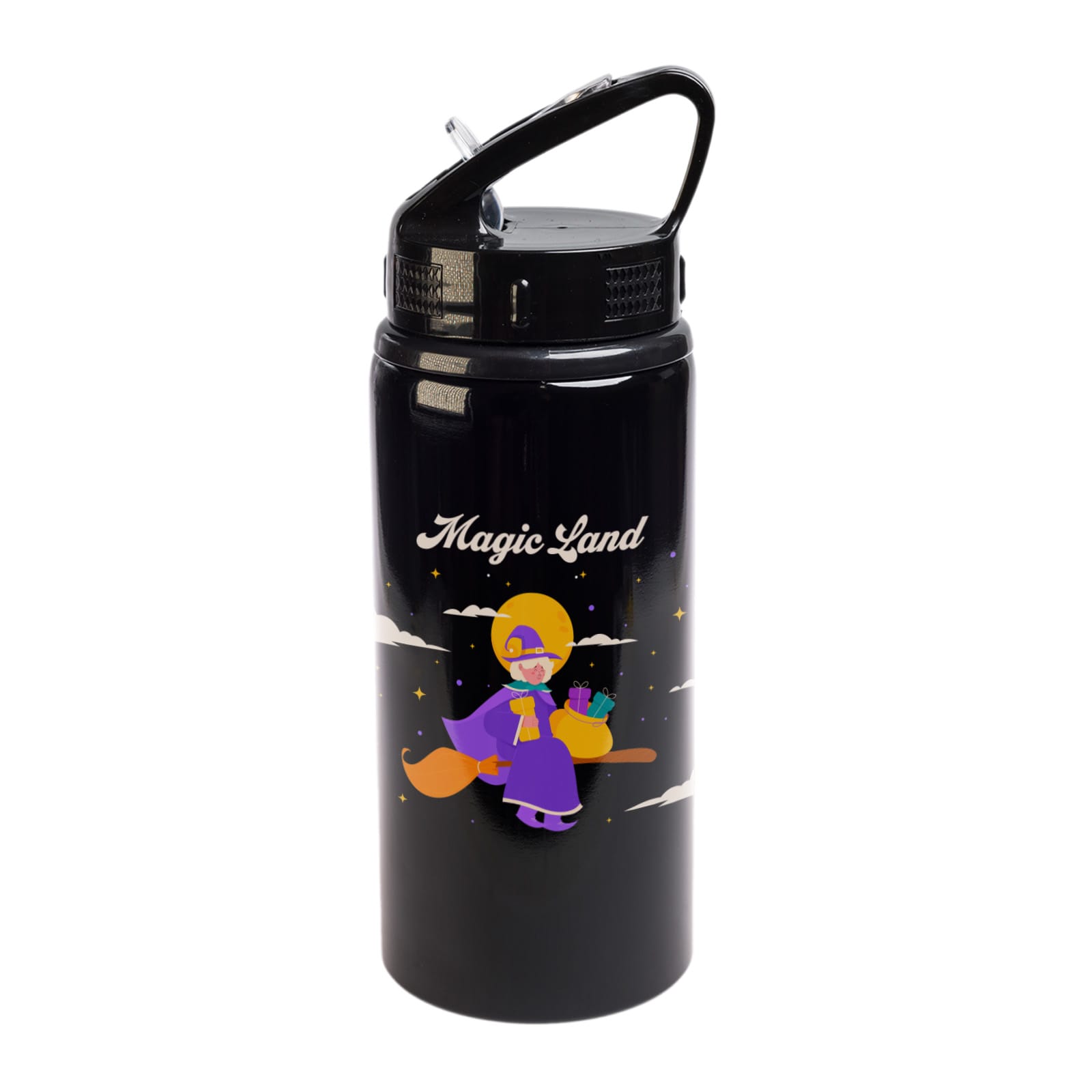 A drink bottle in black featuring a character from 