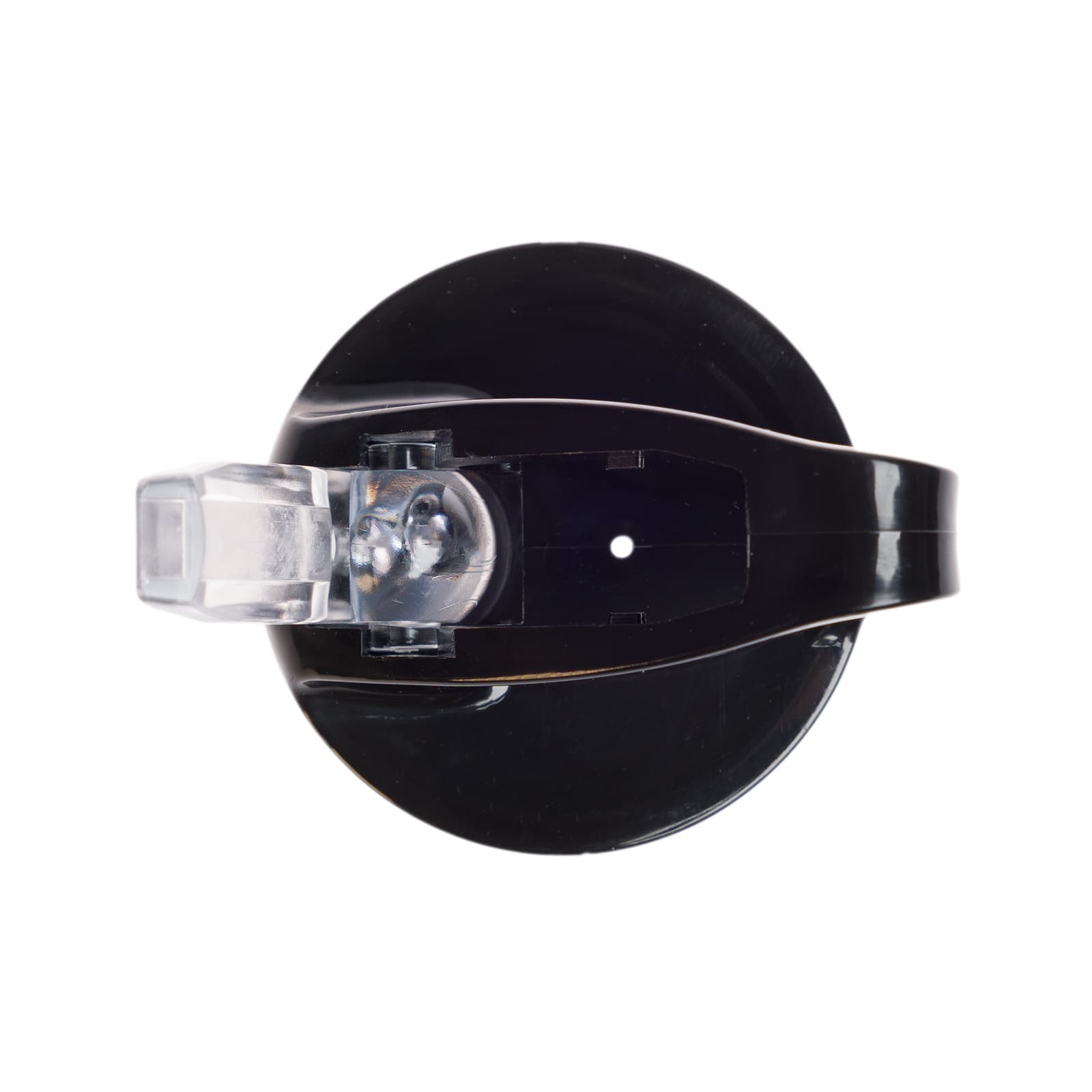 A drink bottle with a black body and a clear flip straw lid, featuring a logo on the side.