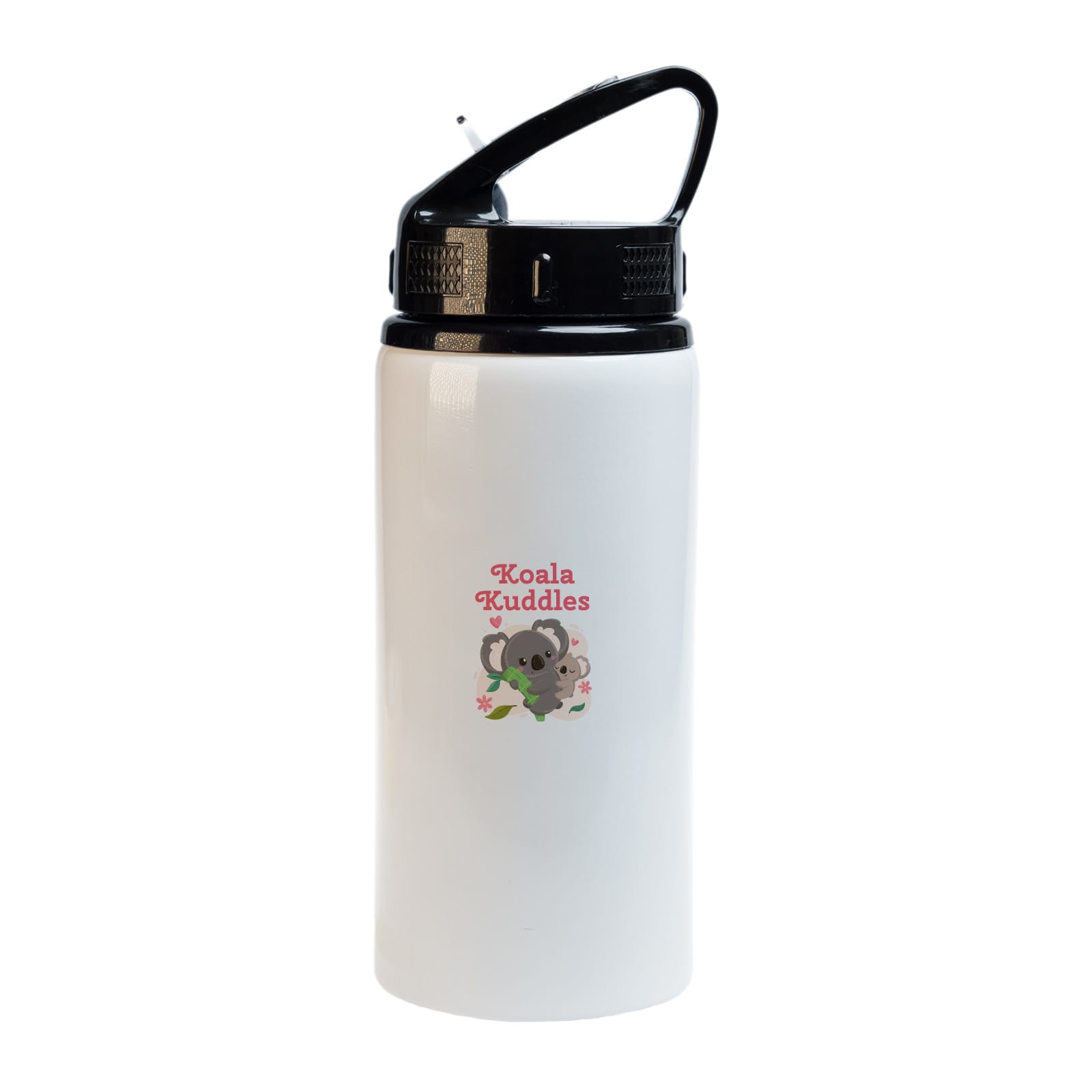 A drink bottle in white with a black flip straw lid and a cute koala design featuring the text 