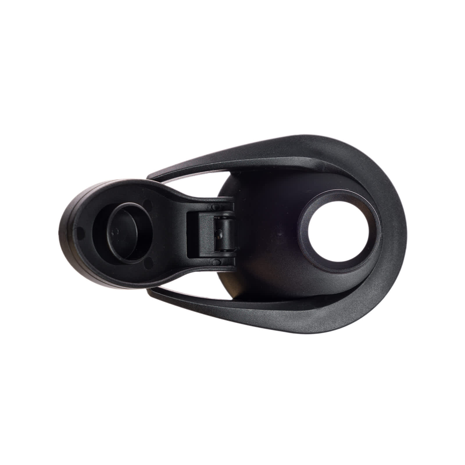 A drink bottle lid featuring a free flow design, primarily in black with a smooth finish. It has a logo.