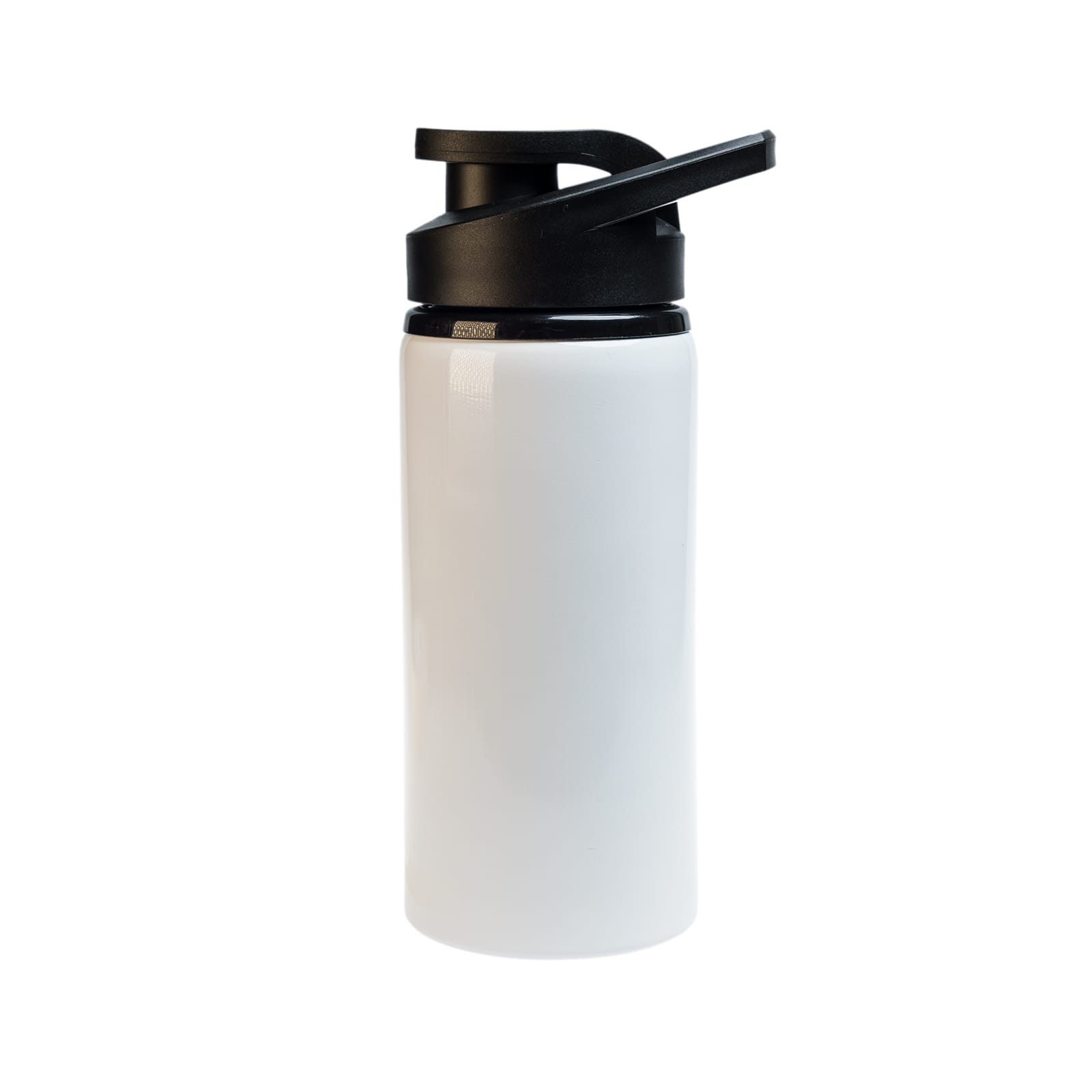 A drink bottle in white with a black free flow lid and a branding logo on the side.