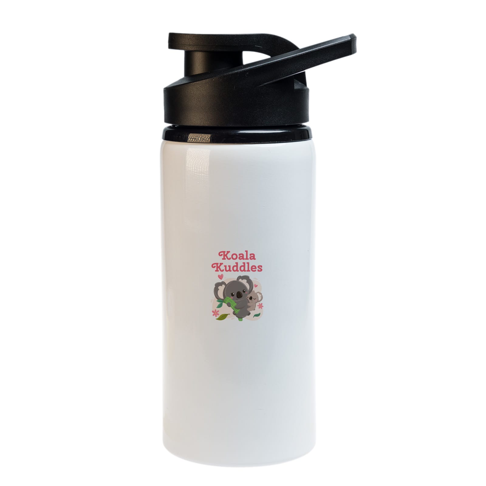 A drink bottle with a white body, black lid, and a design featuring a koala and 