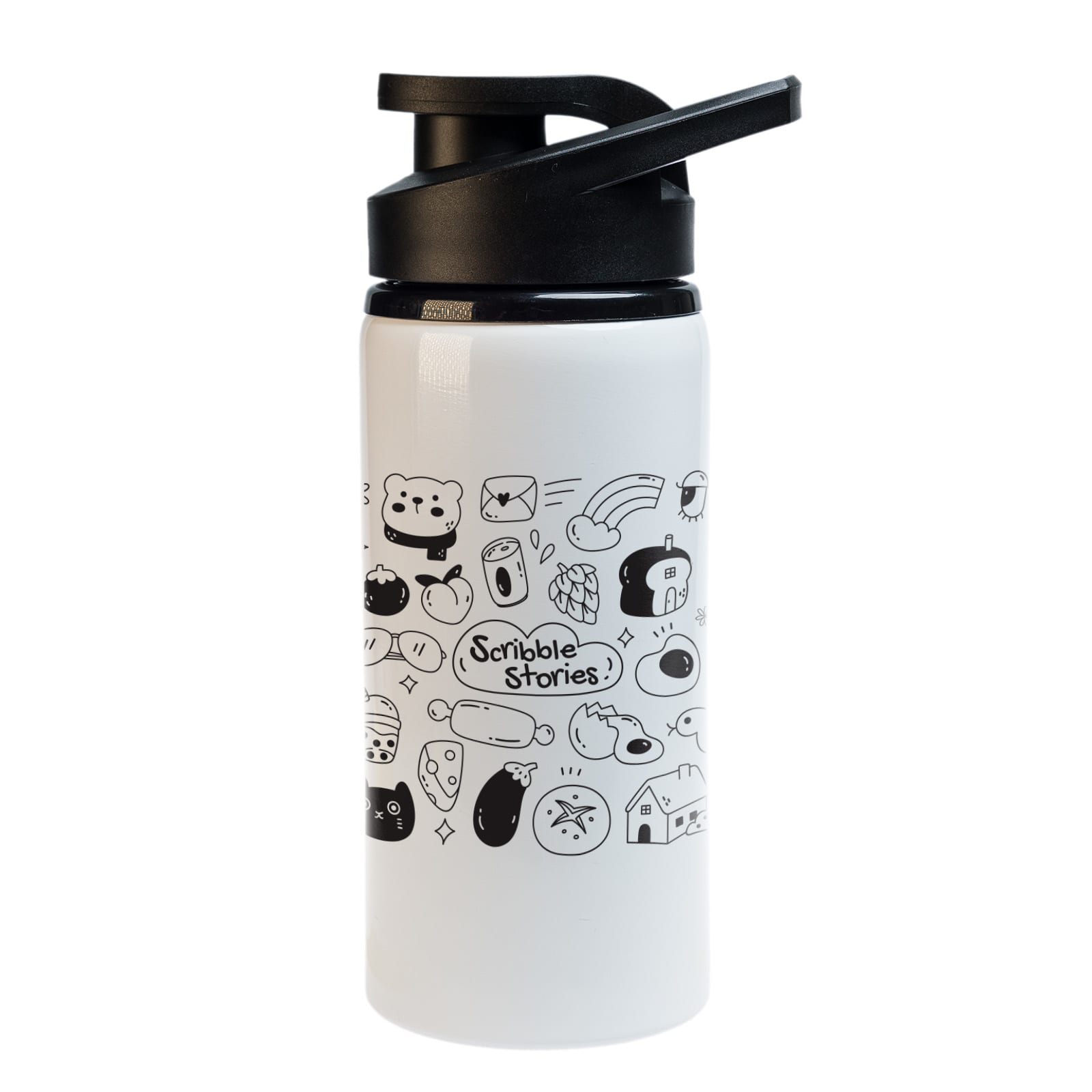 A drink bottle featuring a white body with black illustrations and a black free flow lid.
