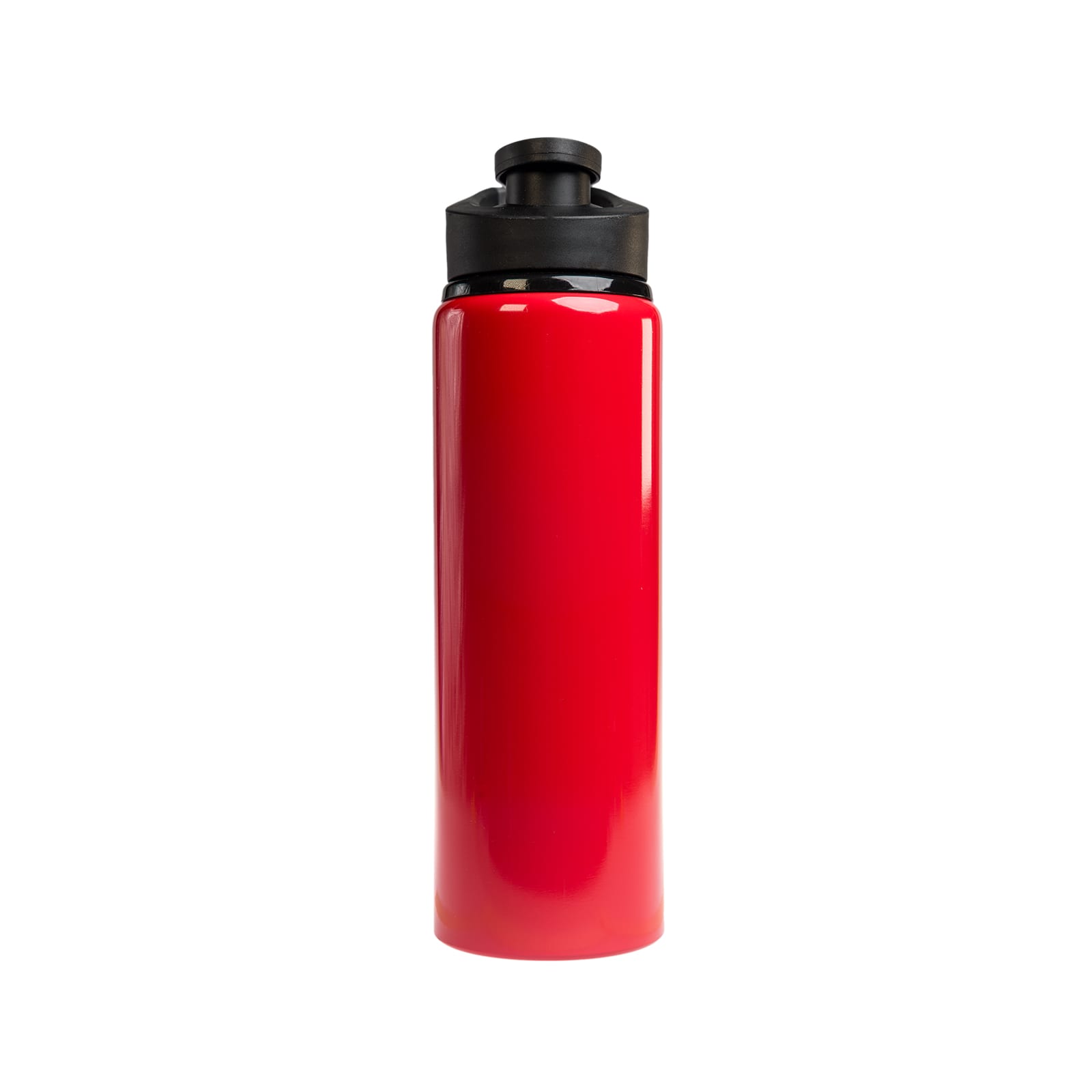A drink bottle with a sleek red design and a black free flow lid, featuring a capacity of 750ml.