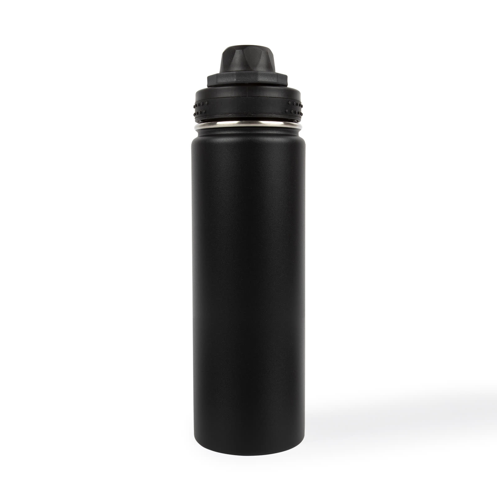 A drink bottle in black stainless steel with a screw-on lid and a logo on the front.