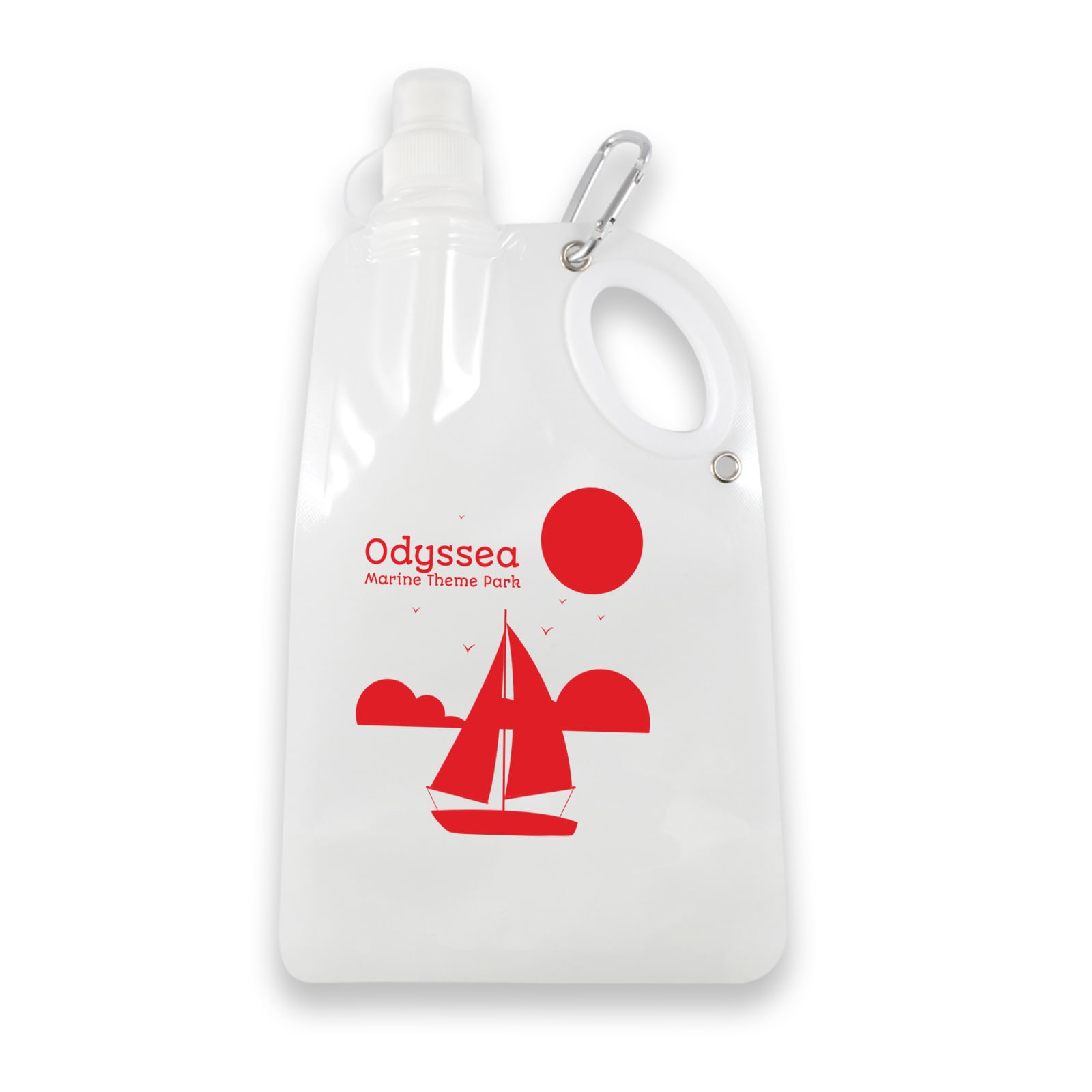 A drink bottle in clear plastic with a sailboat design and a carabiner for easy attachment.
