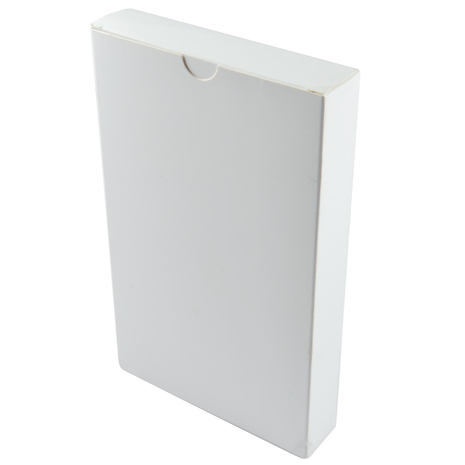 A sleek, white cardboard box designed for packaging a product, featuring a top flap closure.