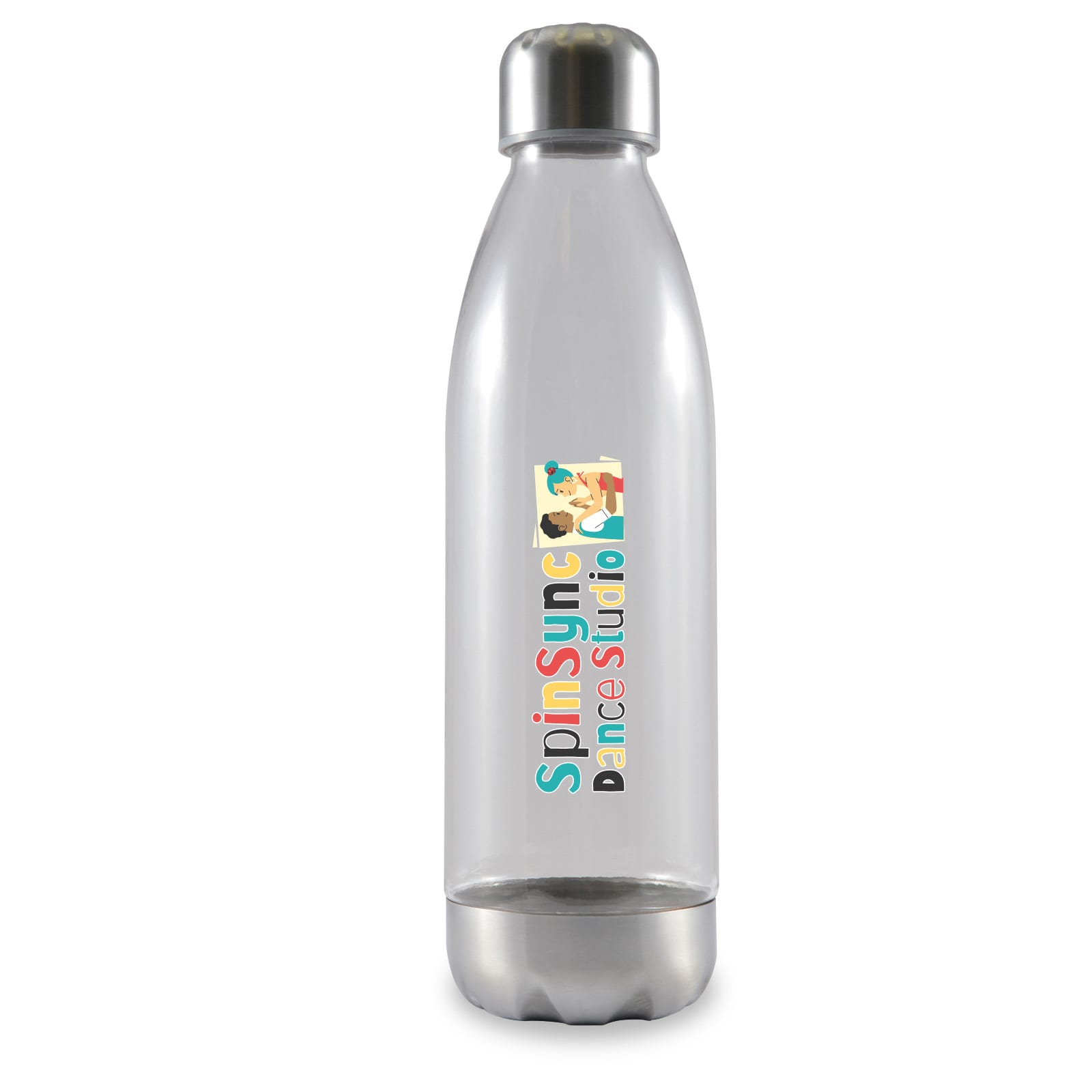 A drink bottle featuring a clear design with a silver metal base and a logo that reads 