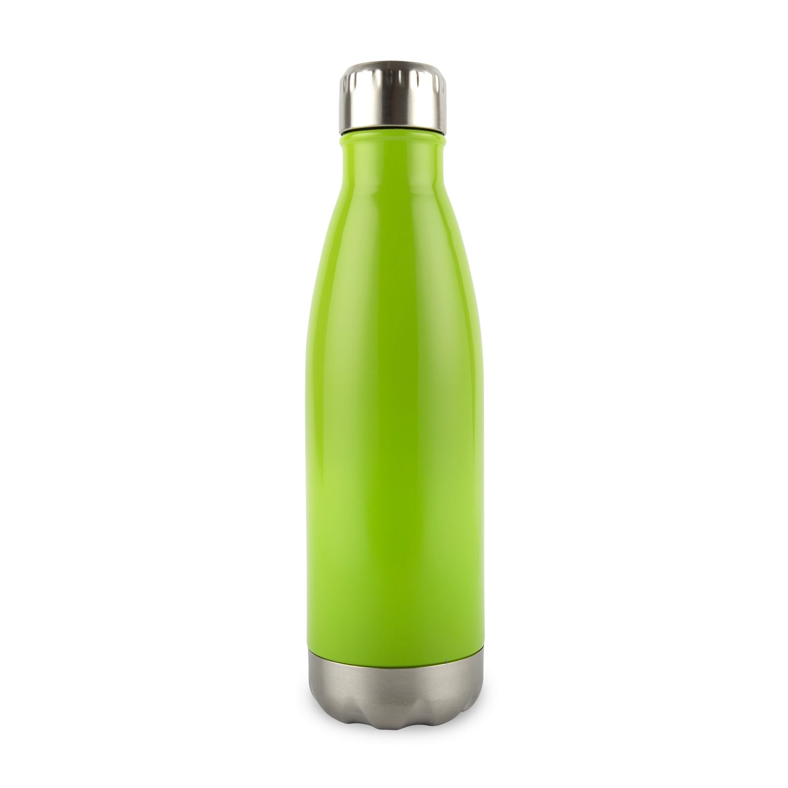 A drink bottle in a vibrant green color with a sleek stainless steel bottom and cap.