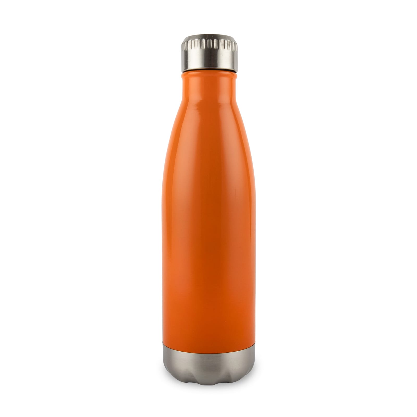 A drink bottle in vibrant orange, featuring a stainless steel base and a silver top, with a logo.