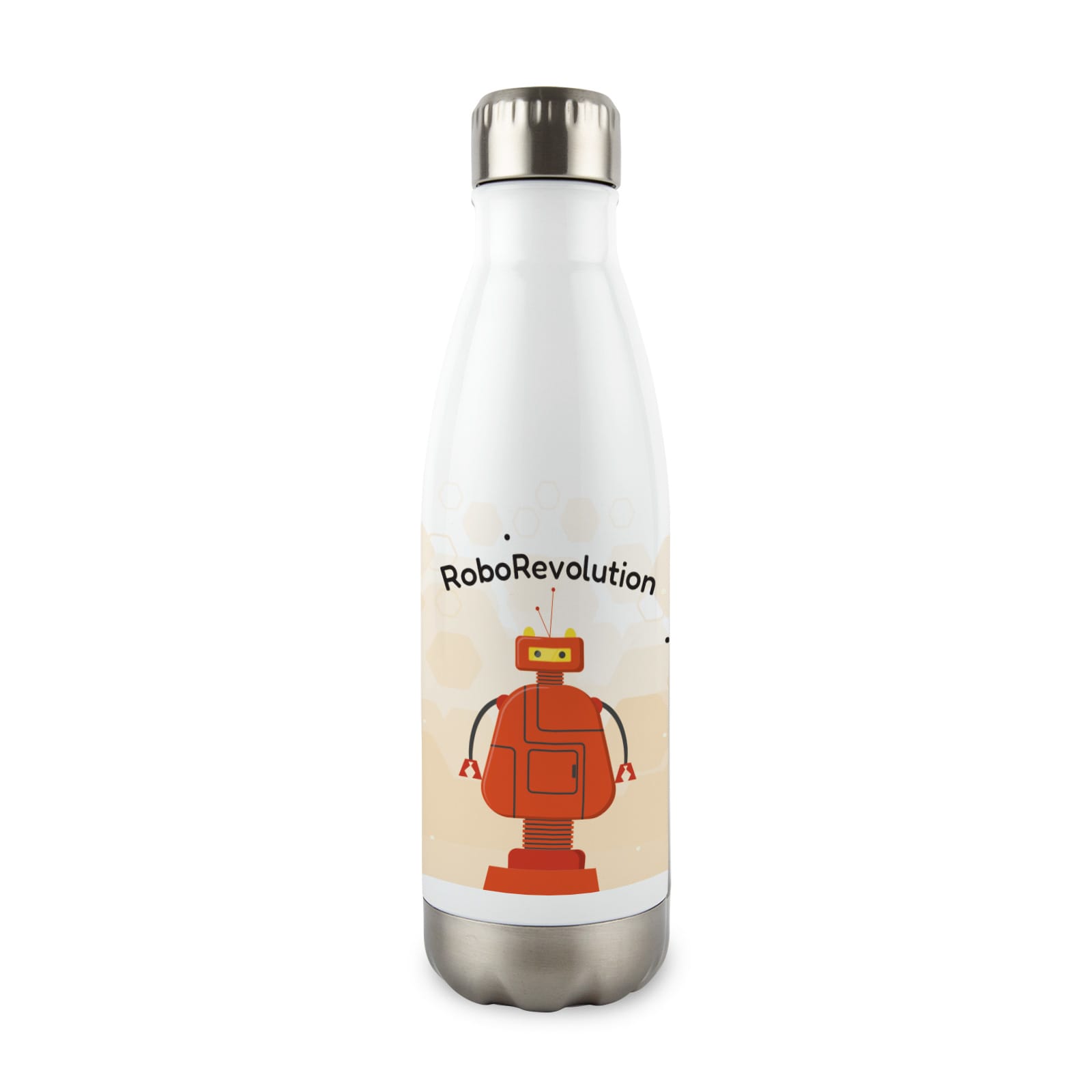 A drink bottle with a sleek stainless steel design featuring a playful robot graphic and the text 