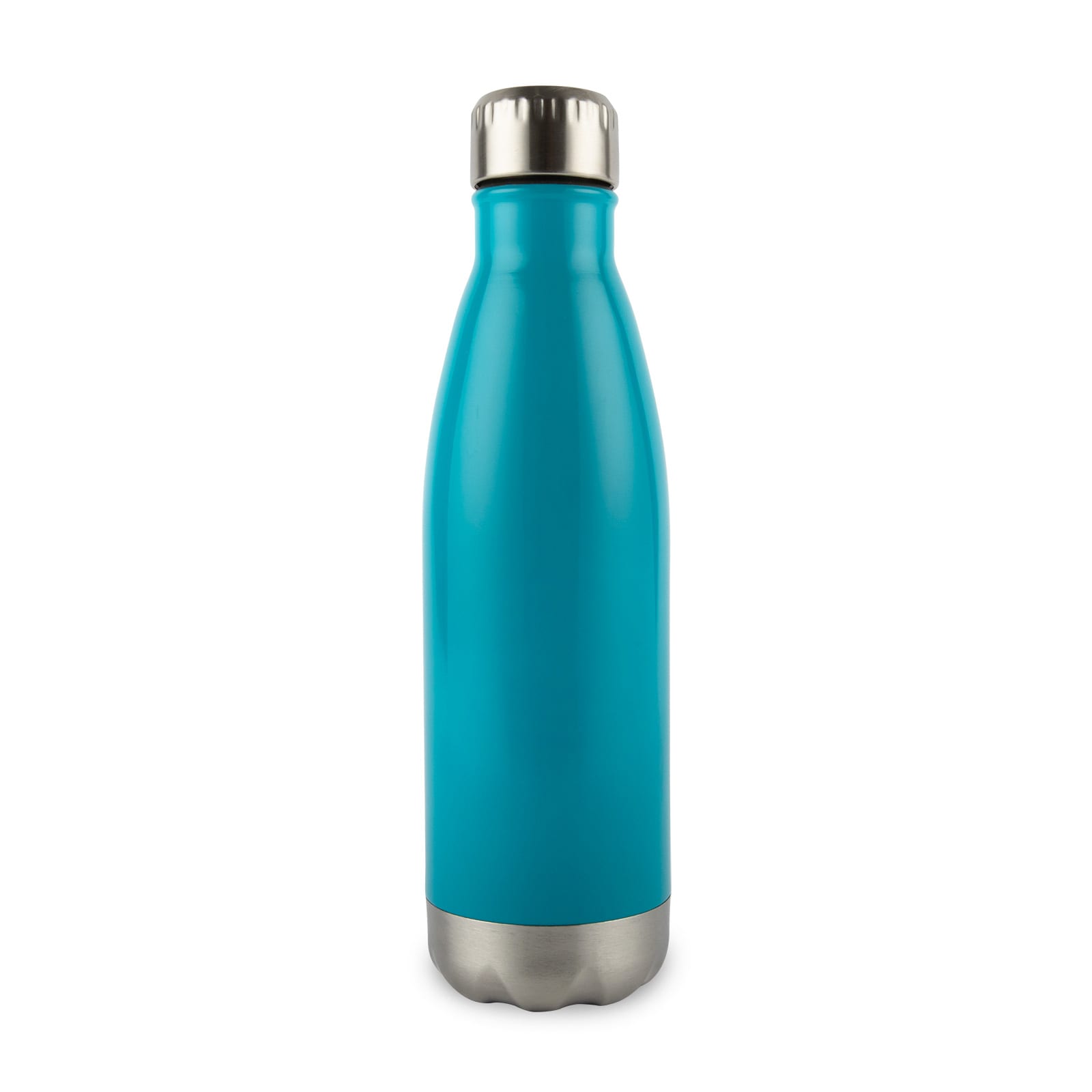 A drink bottle with a sleek turquoise design and a stainless steel base, featuring a silver cap.