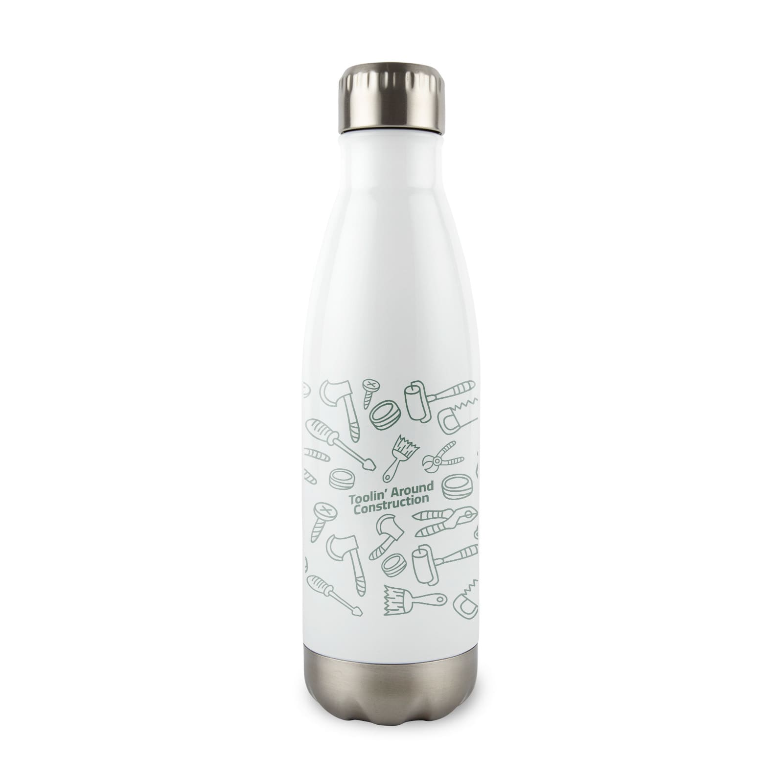 A drink bottle in white with a metallic silver lid, featuring a graphic design of construction tools.