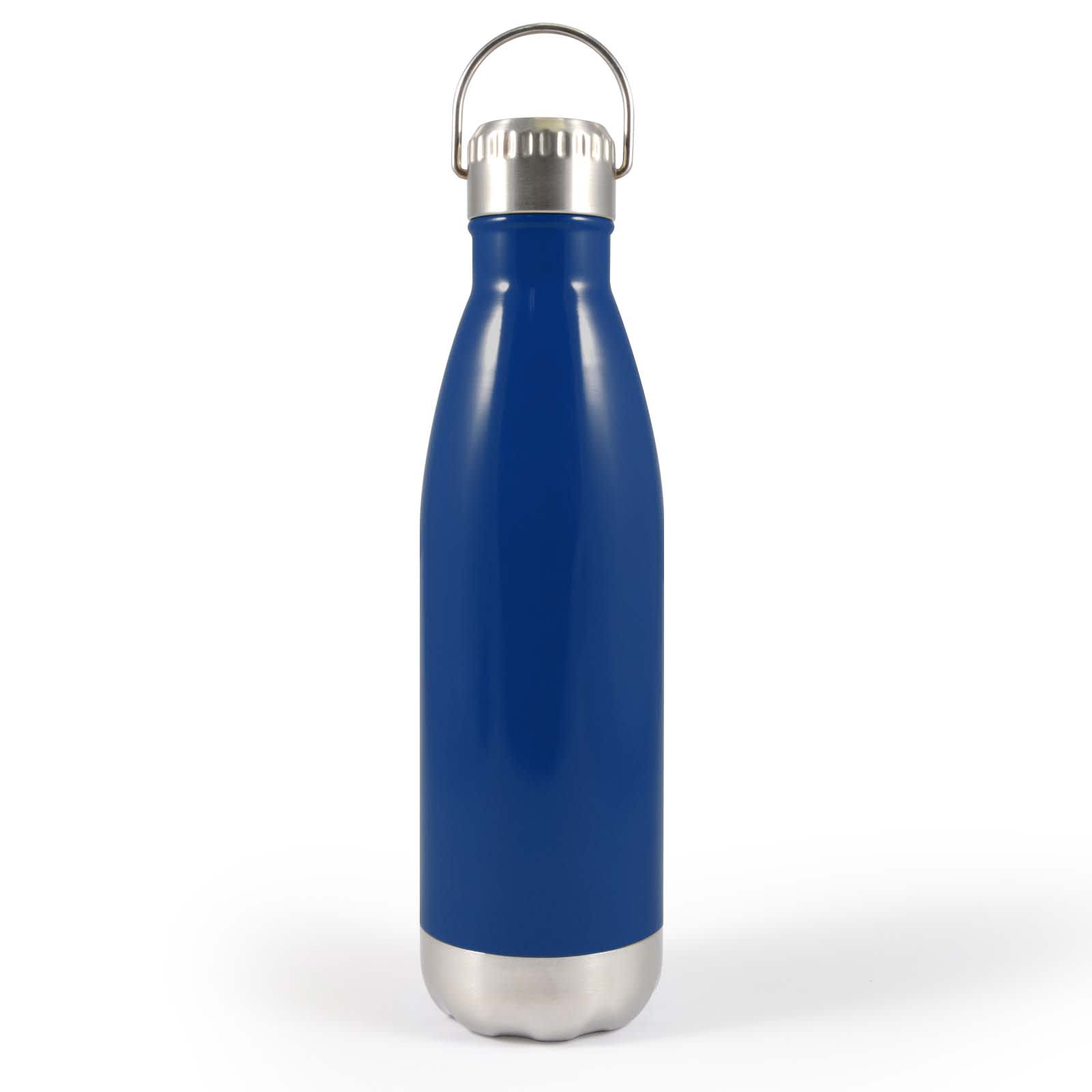 A drink bottle featuring a sleek blue design with a stainless steel bottom and a hanger lid.