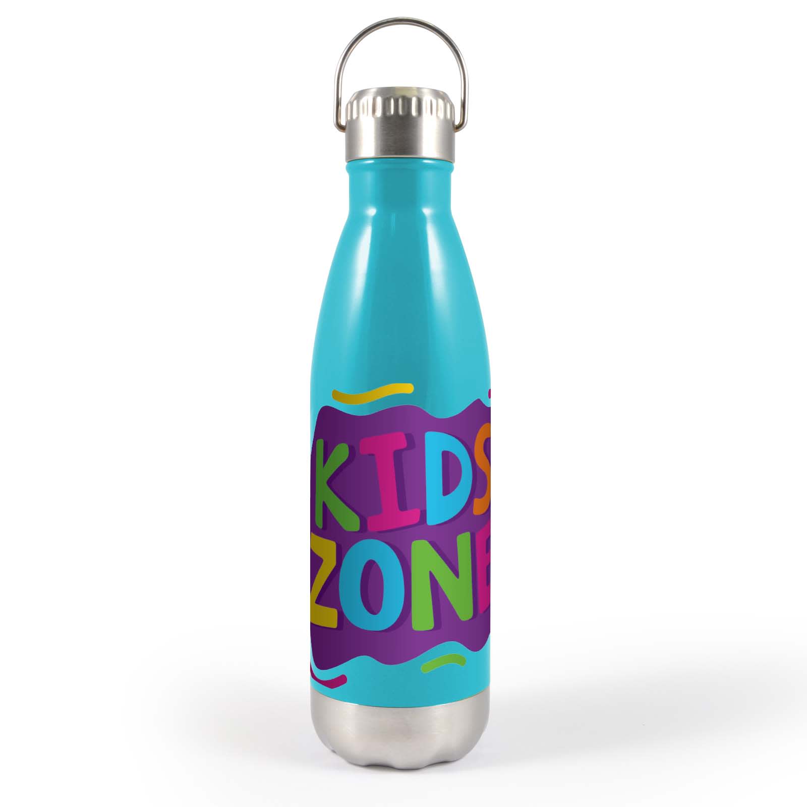 A drink bottle with a turquoise body, silver bottom, and a hanger lid featuring colorful 