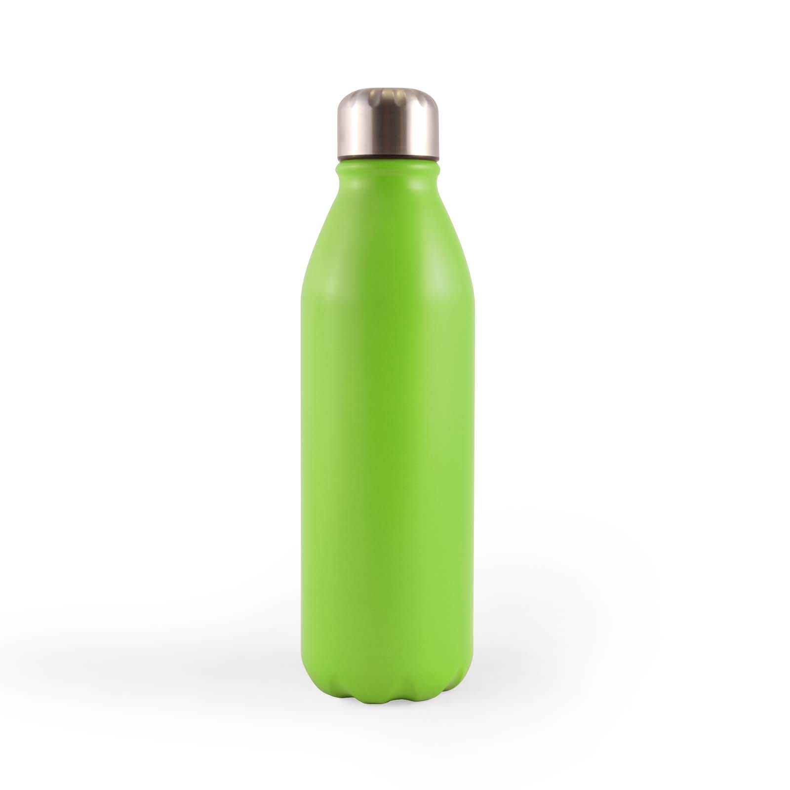 A drink bottle with a smooth green exterior and a silver metallic cap.